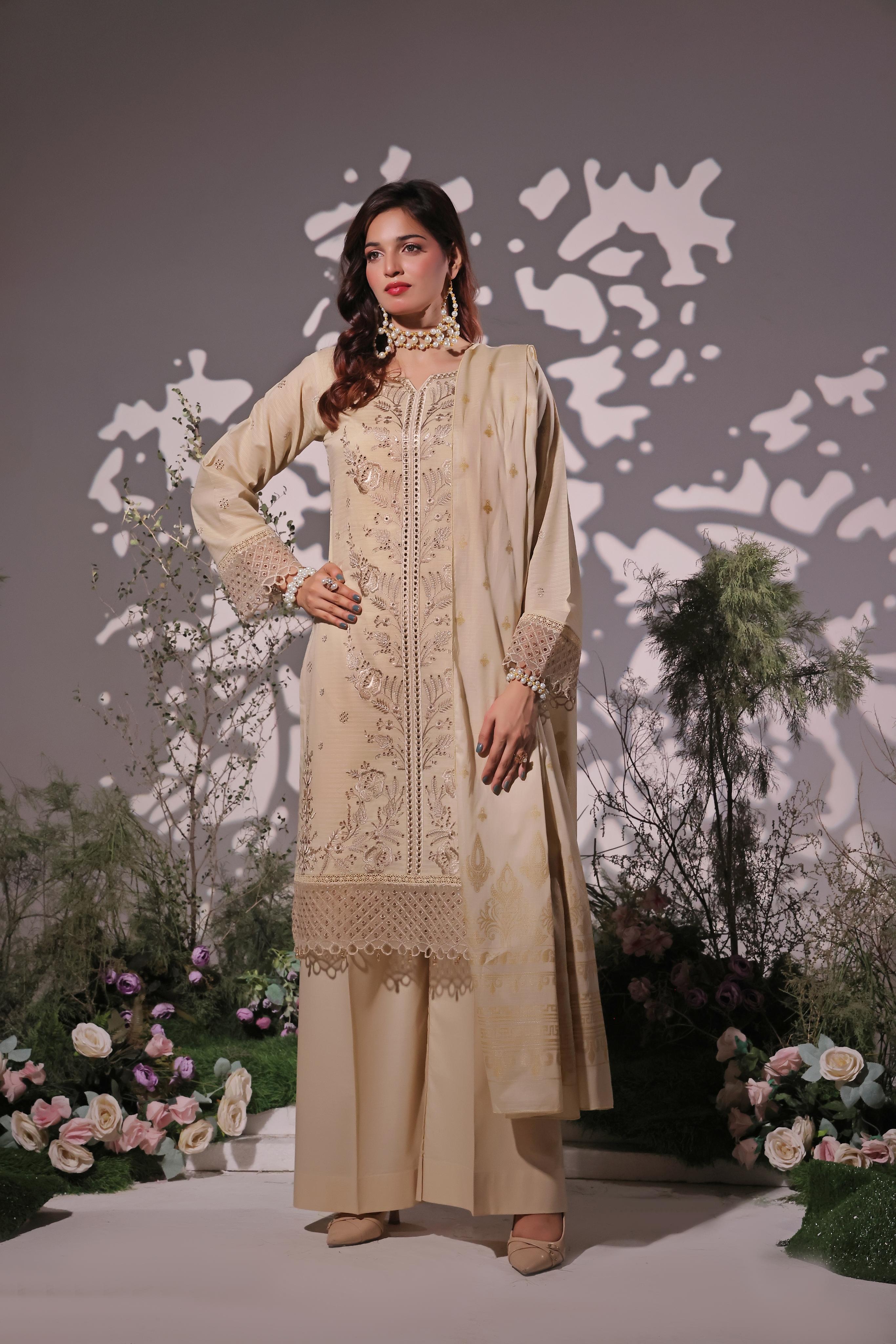 Dressline UnStitched 3 Piece Premium Heavy Chikankari & Laserkari Emb Bana Dora Lawn Collection