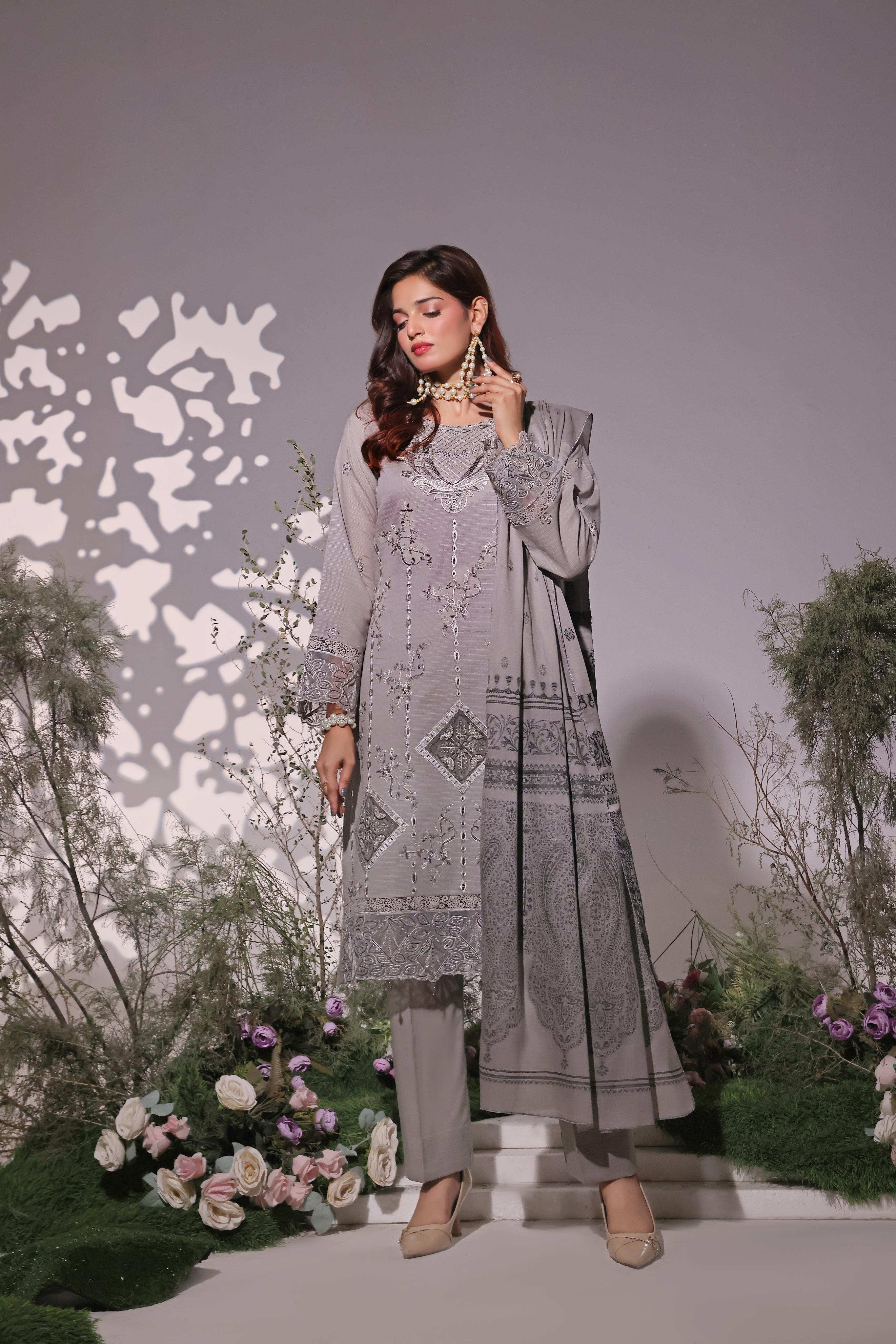 Dressline UnStitched 3 Piece Premium Heavy Chikankari & Laserkari Emb Bana Dora Lawn Collection