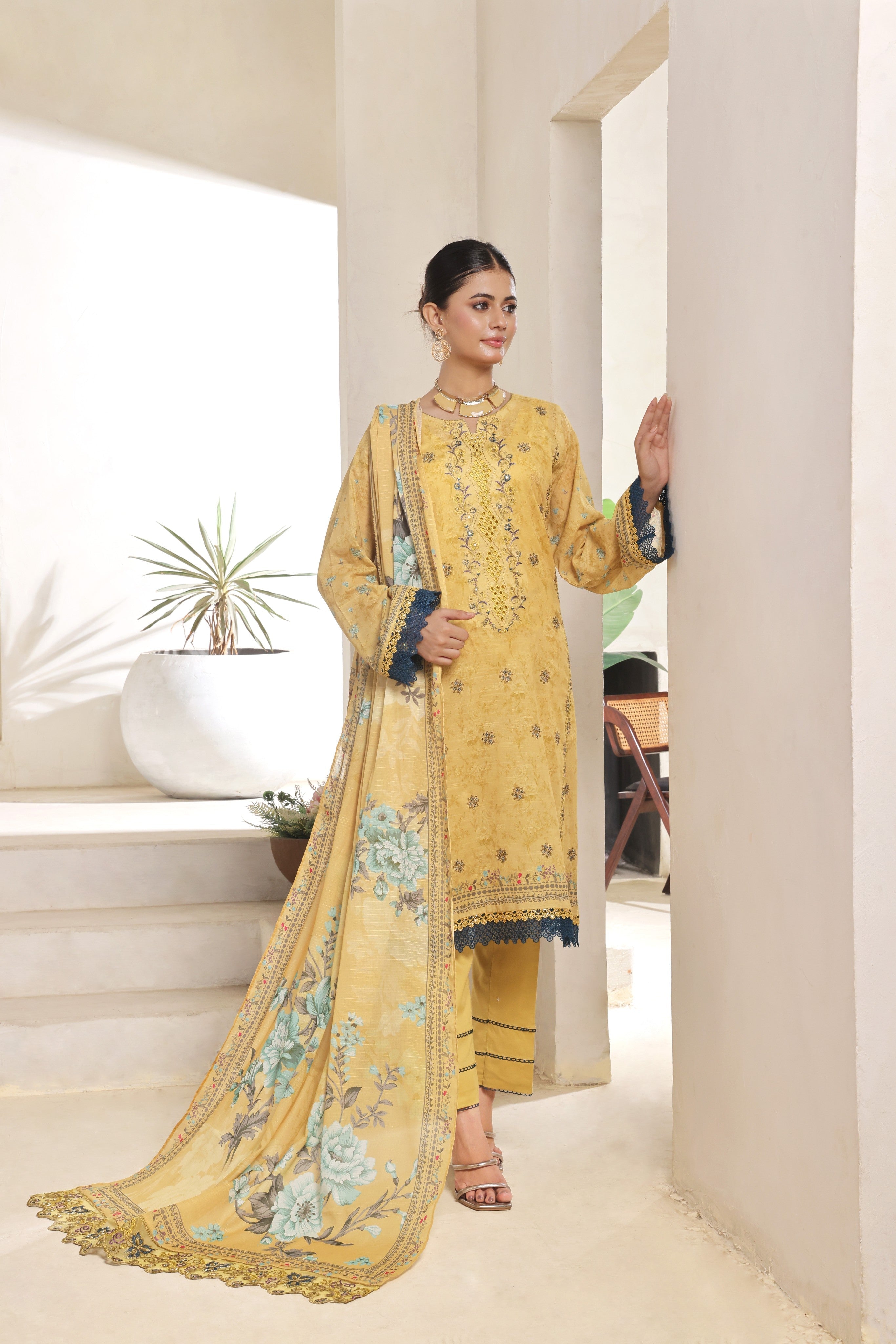 Dressline Nirmal Unstitched 3 Piece Premium Heavy Chikankari Pallu Emb Bana Dora Digital Printed Lawn Collection