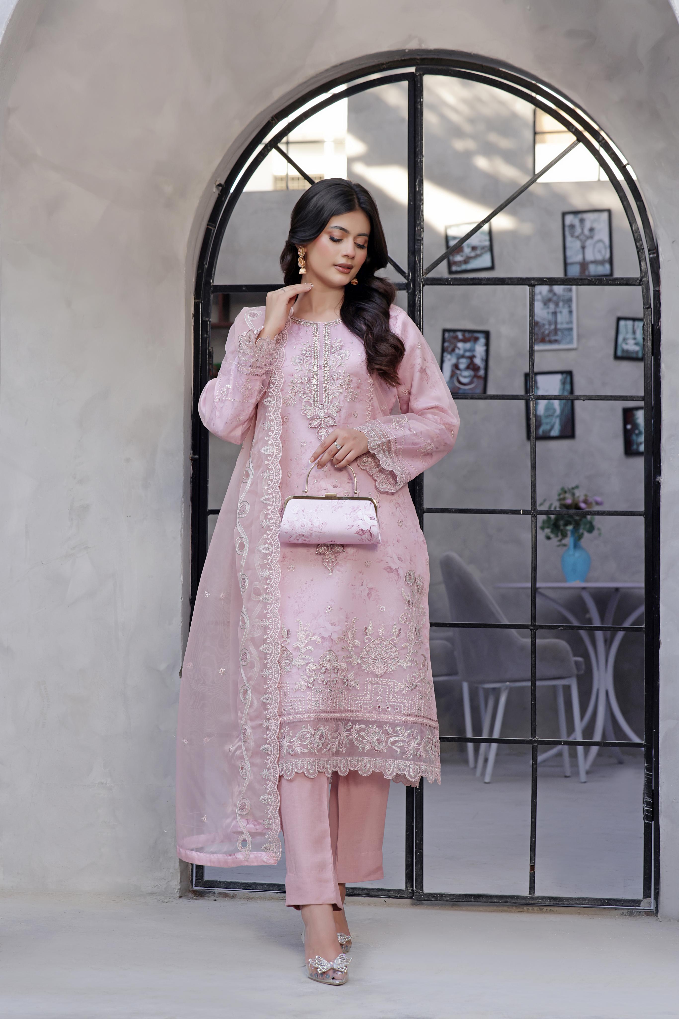 Naaira By Dressline Semi Stitched 3 Piece Organza Formals Collection'2025-naaira-pink