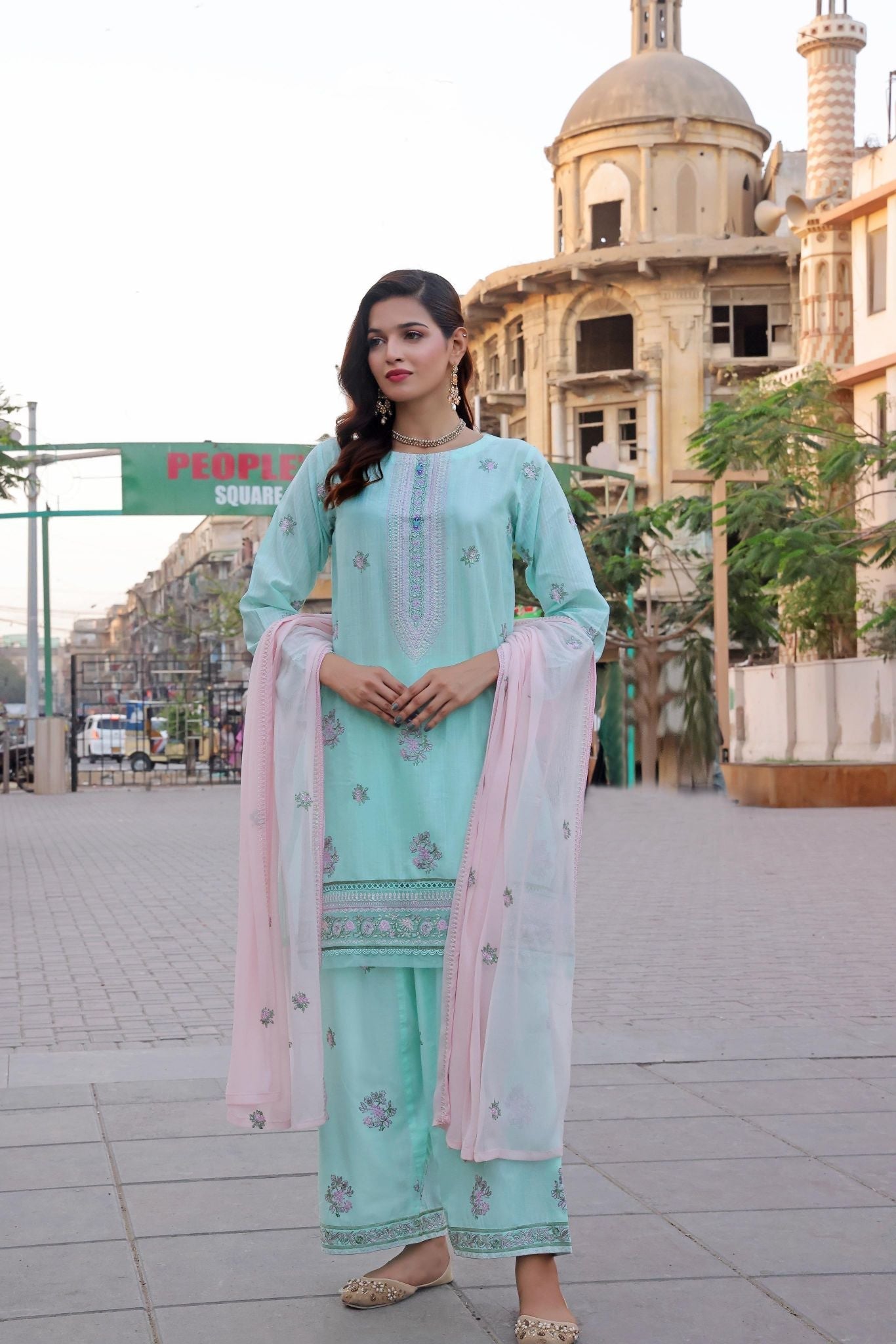 Dressline Basant Stitched Luxury Emb Banadora Lawn Collection With Chiffon Dupatta & Emb Cotton Trousers