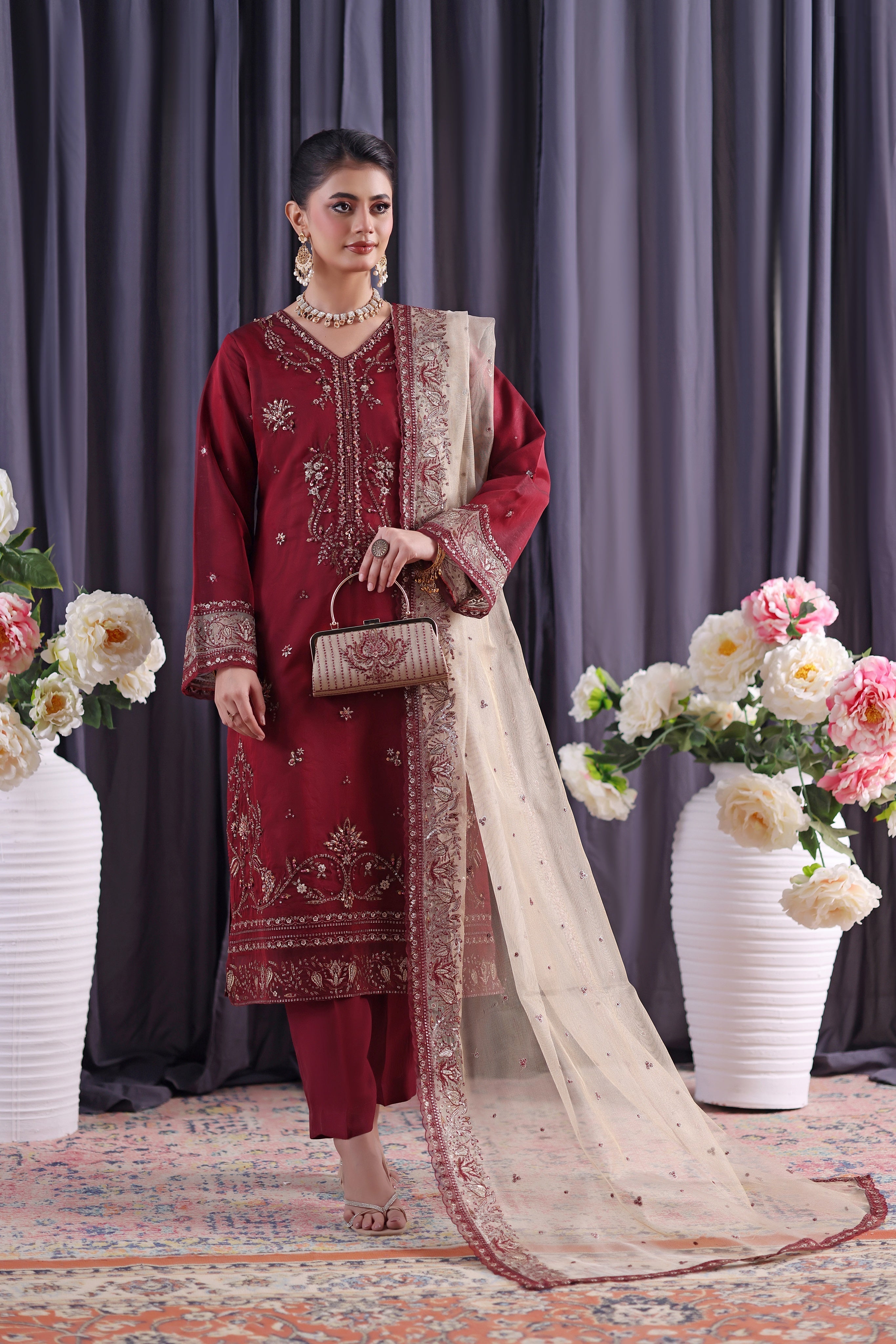 Orchid By Dressline Semi Stitched 3 Piece Formals With Complimentary Clutch Collection'2025-orchid-semi-stitched-velvet-wine