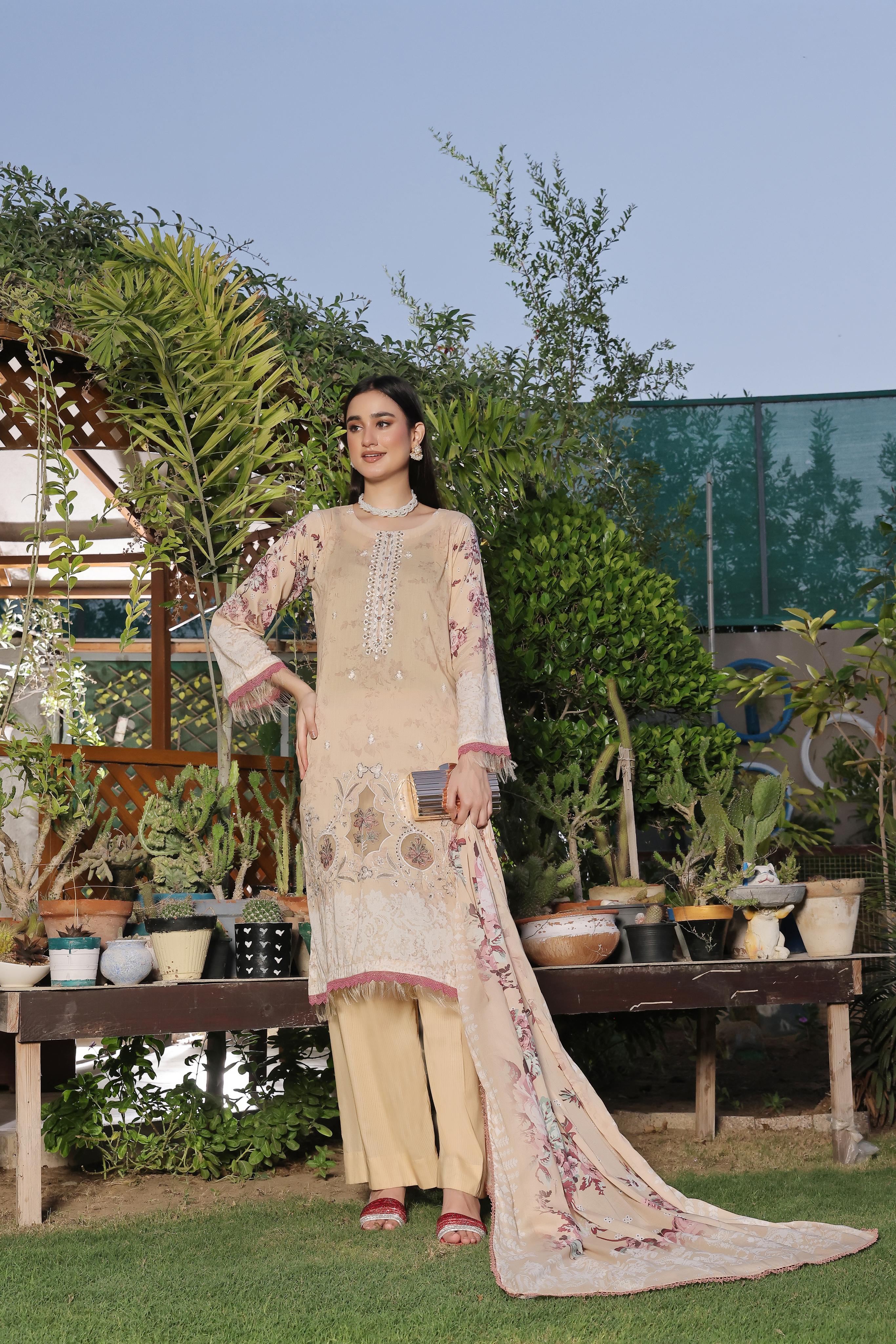 Dressline Launching New Un Stitched 3 Pcs Emb Laserkari Digital Printed Lawn Collection