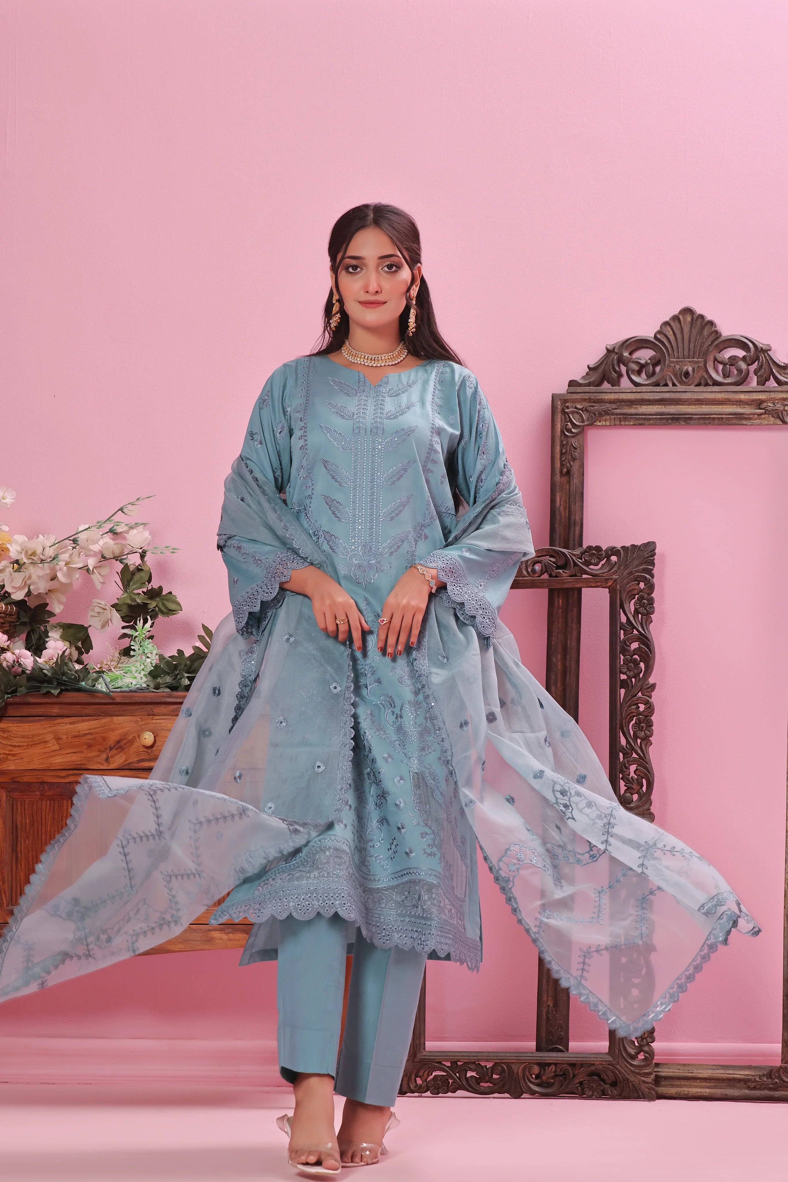 Dressline Semi Stitched Laserkari & Chikankari Emb Lawn
