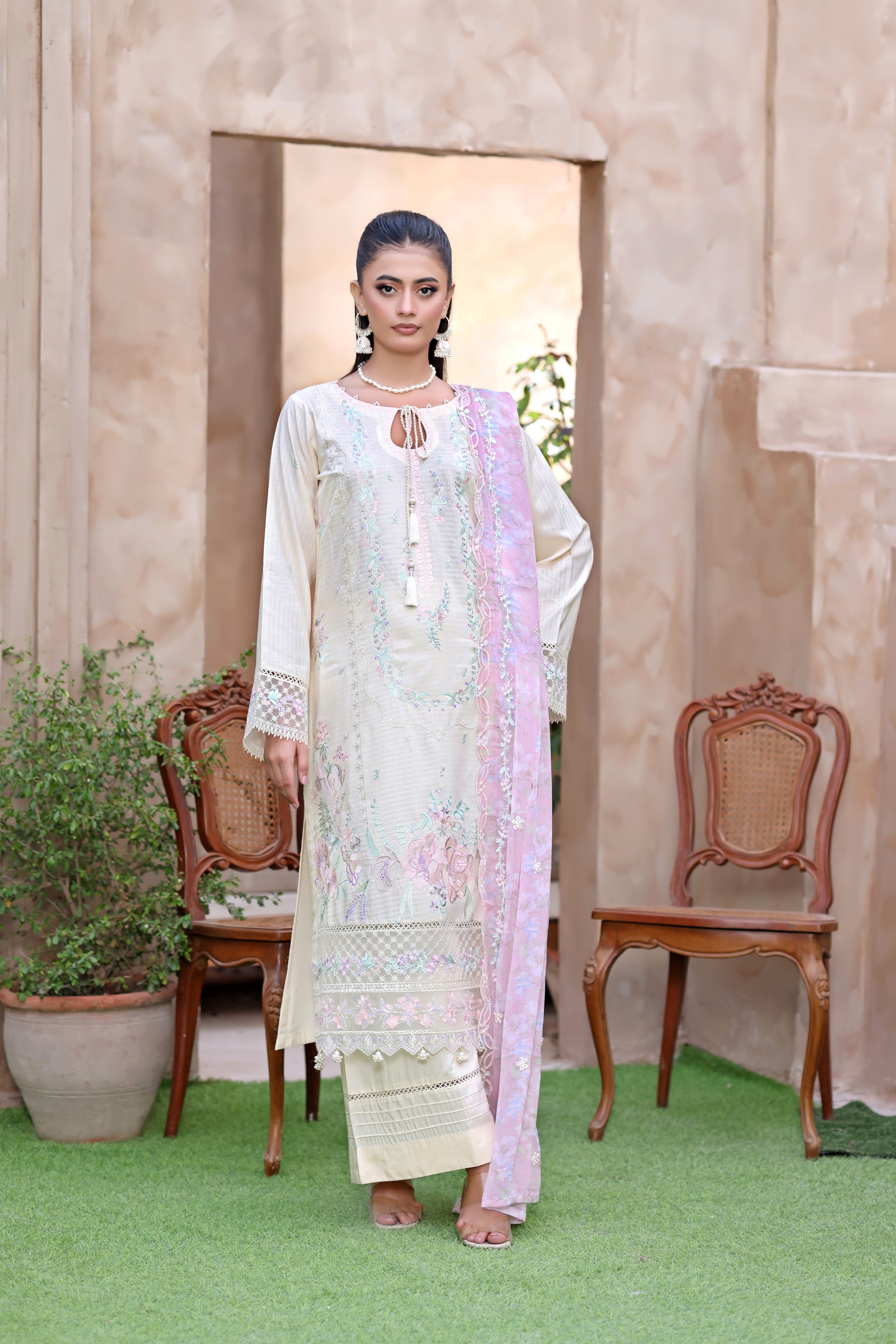 Anaya By Dressline Semi Stitched 3 Piece Formals Collection'2025-anaya-WhtPnk
