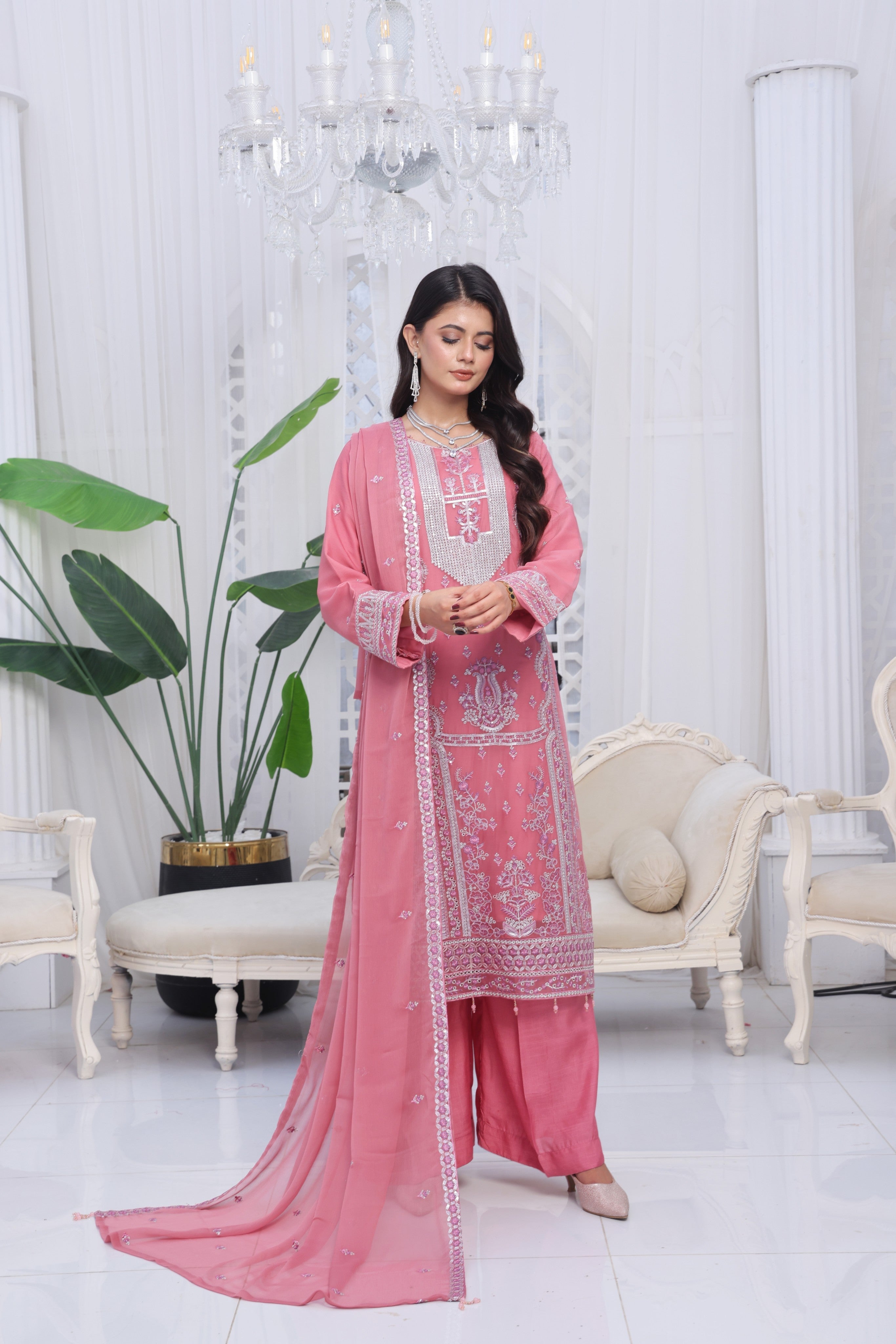 Dressline Mulberry Semi Stitched Luxury Emb Chiffon 3 Piece Suit