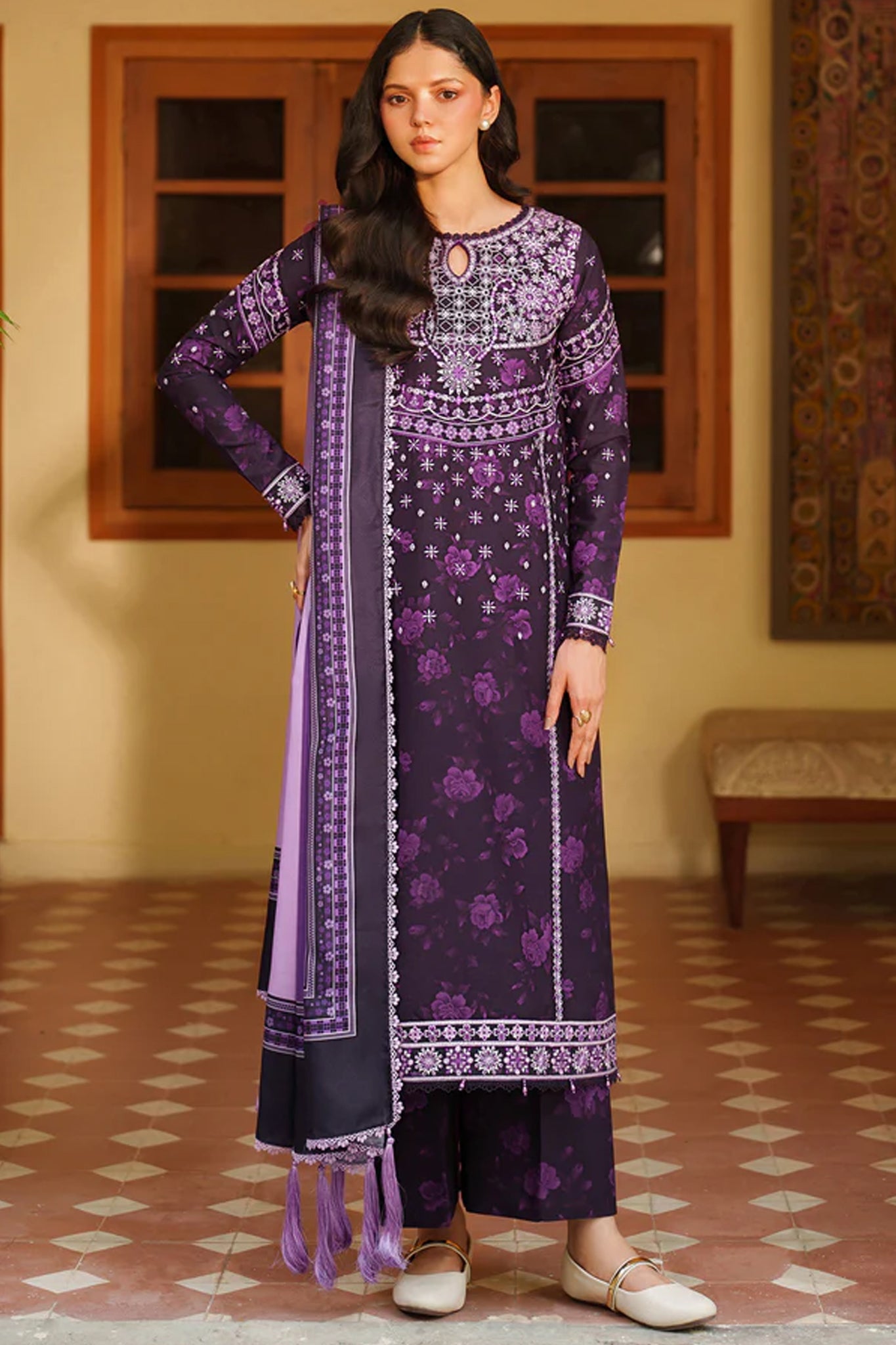 Meline By Farasha Unstitched 3 Piece Premium Viscose Collection'2025-06-Plum Powder