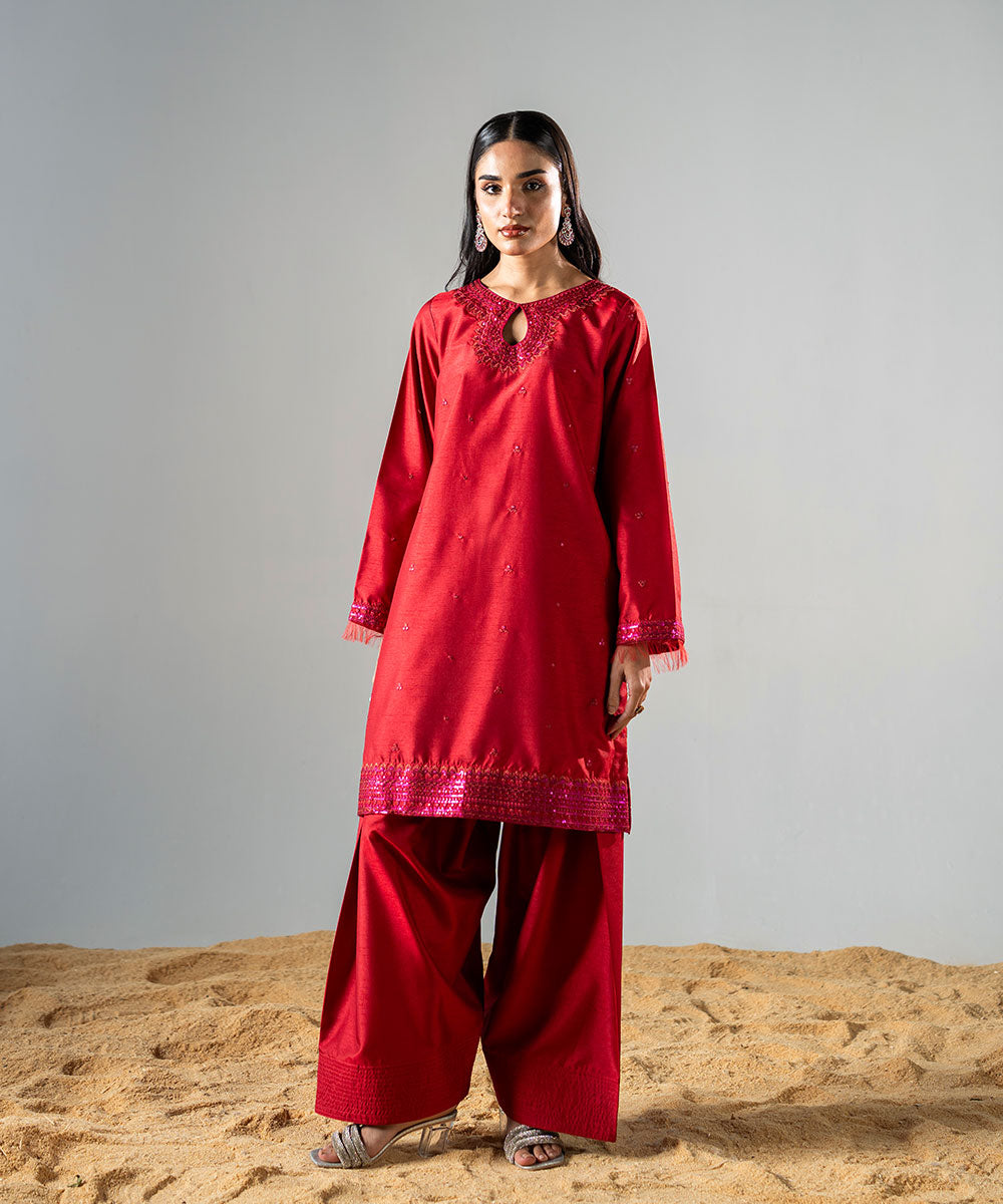 Zarqash By Kross Kulture Stitched 2PC - Raw Silk Suit Suit-0001861-XSM-RED