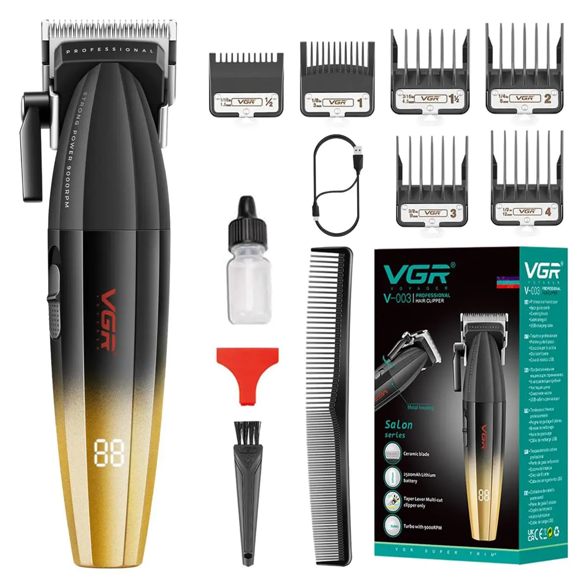 VGR-V-003 Professional Salon Quality Hair Clipper - High-Performance 9000 RPM Motor with Turbo Mode