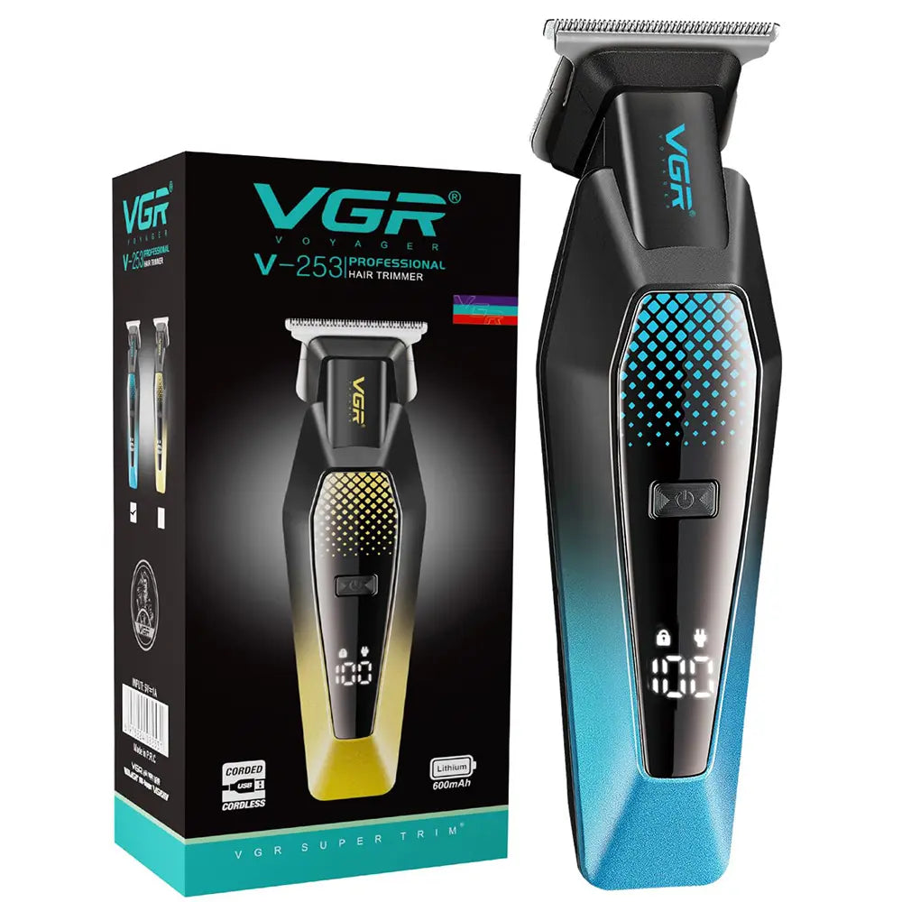 VGR-V-253 Professional Hair Trimmer  Precision T-Blade, 90 Min Runtime, LED Display, USB Charging, 5 Guide Combs (Blue)