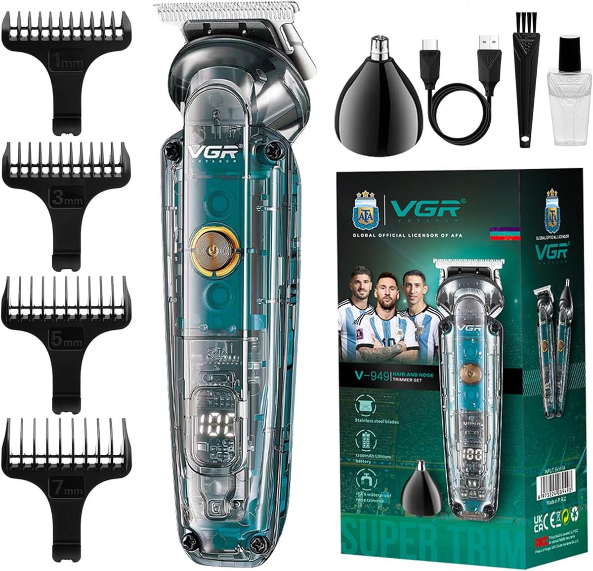 VGR-Beard Trimmer Men Cordless IPX6 Waterproof - Rechargeable USB-C - Nasal Ear Nostril Nose Hair Attachment V-949