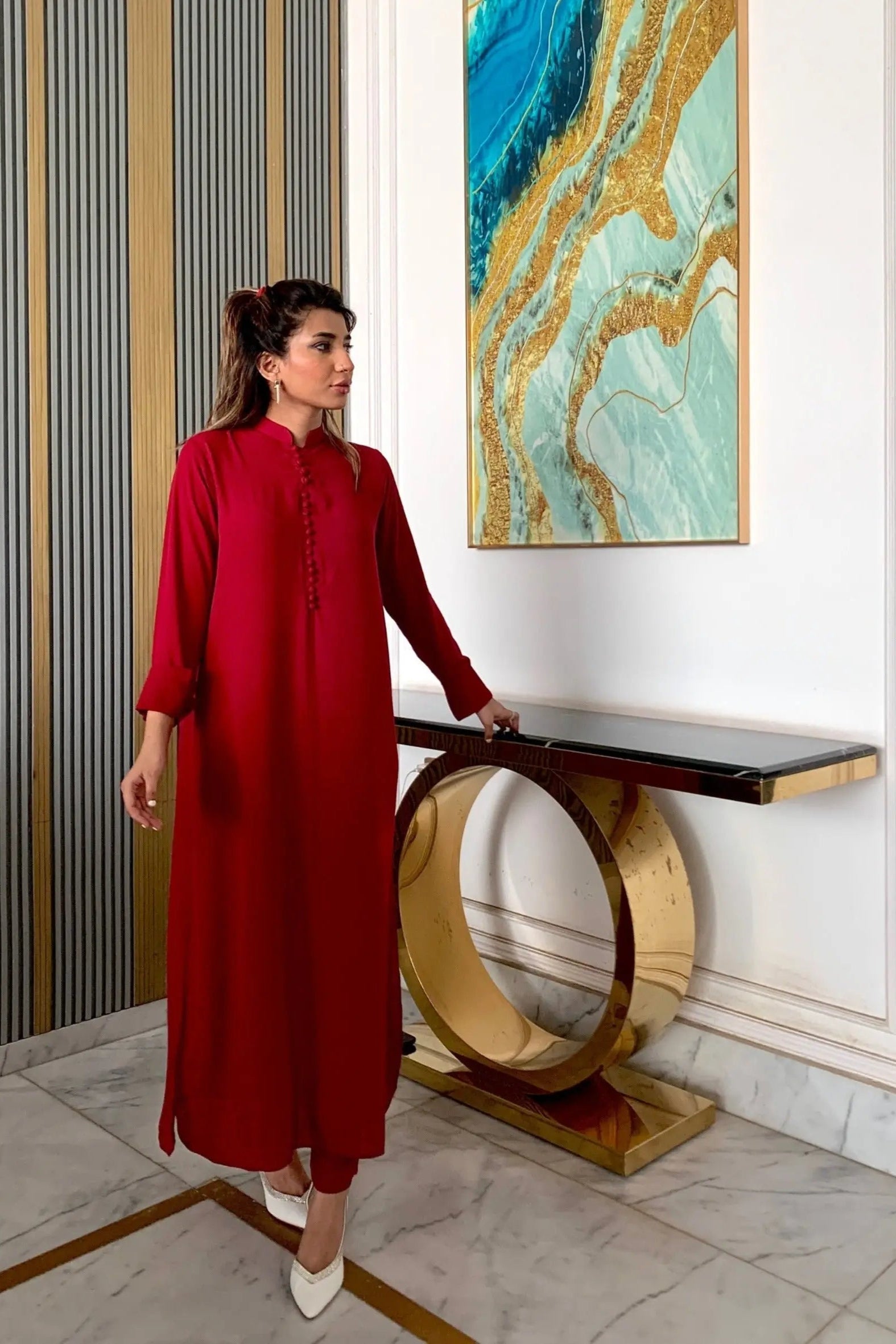 Manahils Stitched 2 Piece Tunic Blood Red Long Button Set