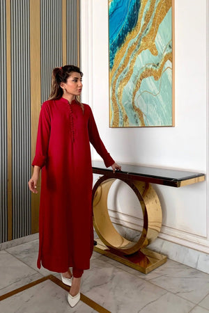Manahils Stitched 2 Piece Tunic Blood Red Long Button Set