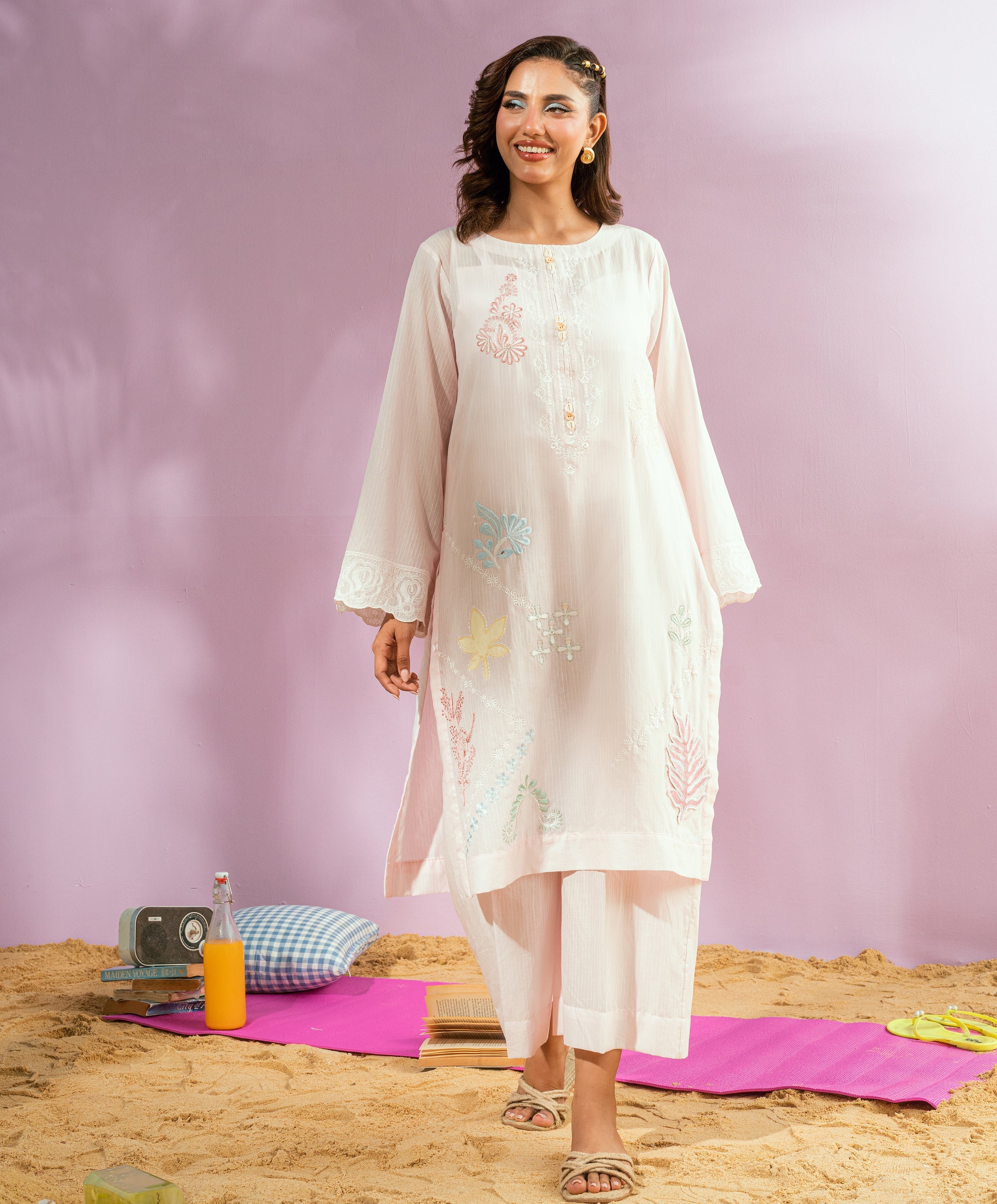 Monsoon By Kaanthaa Stitched 2 Piece Summer Suit-Blush Rain