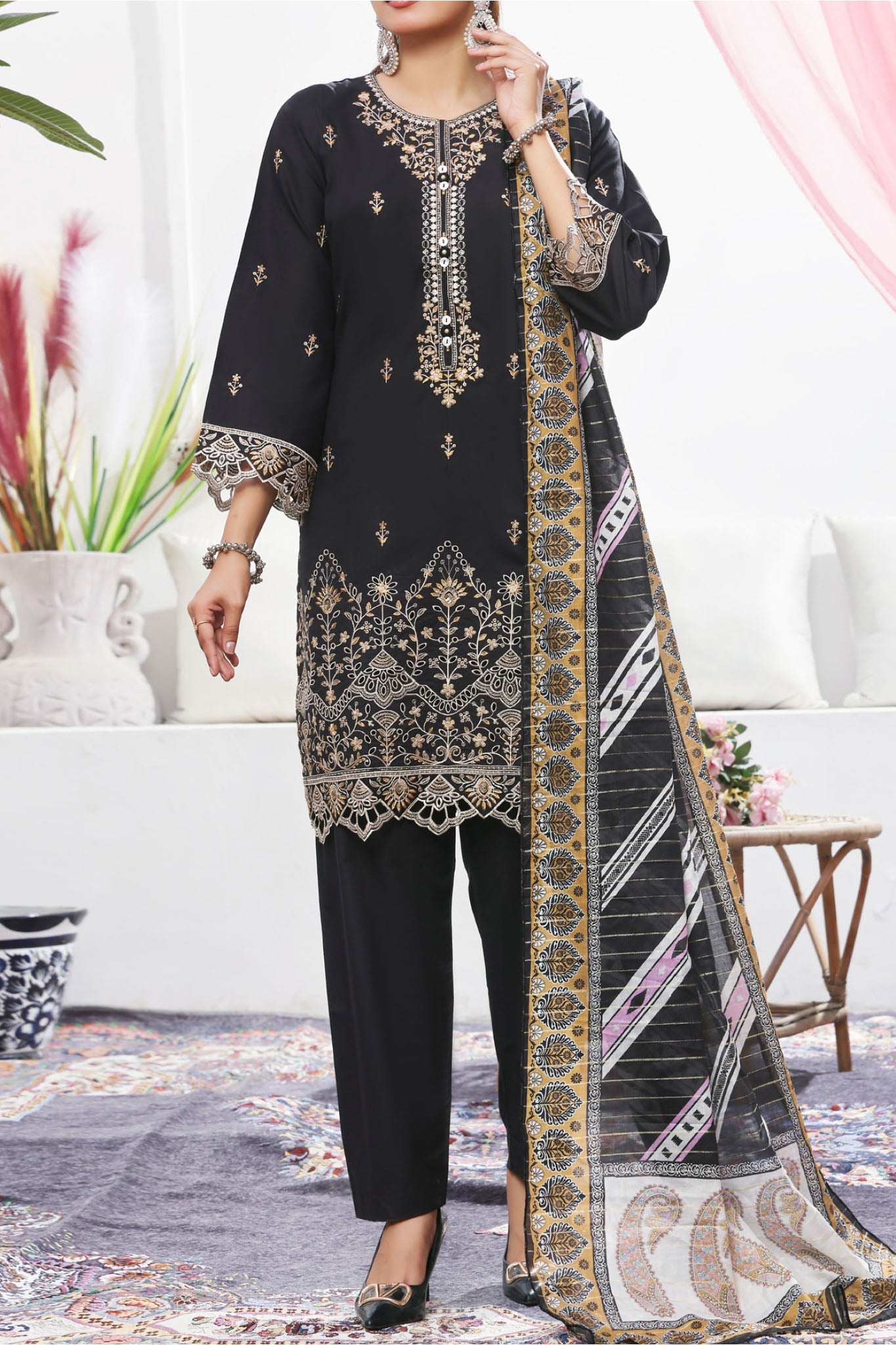 Aizal Stitched 3 Piece Embroidered Fancy Collection'2025-AE-101-Black
