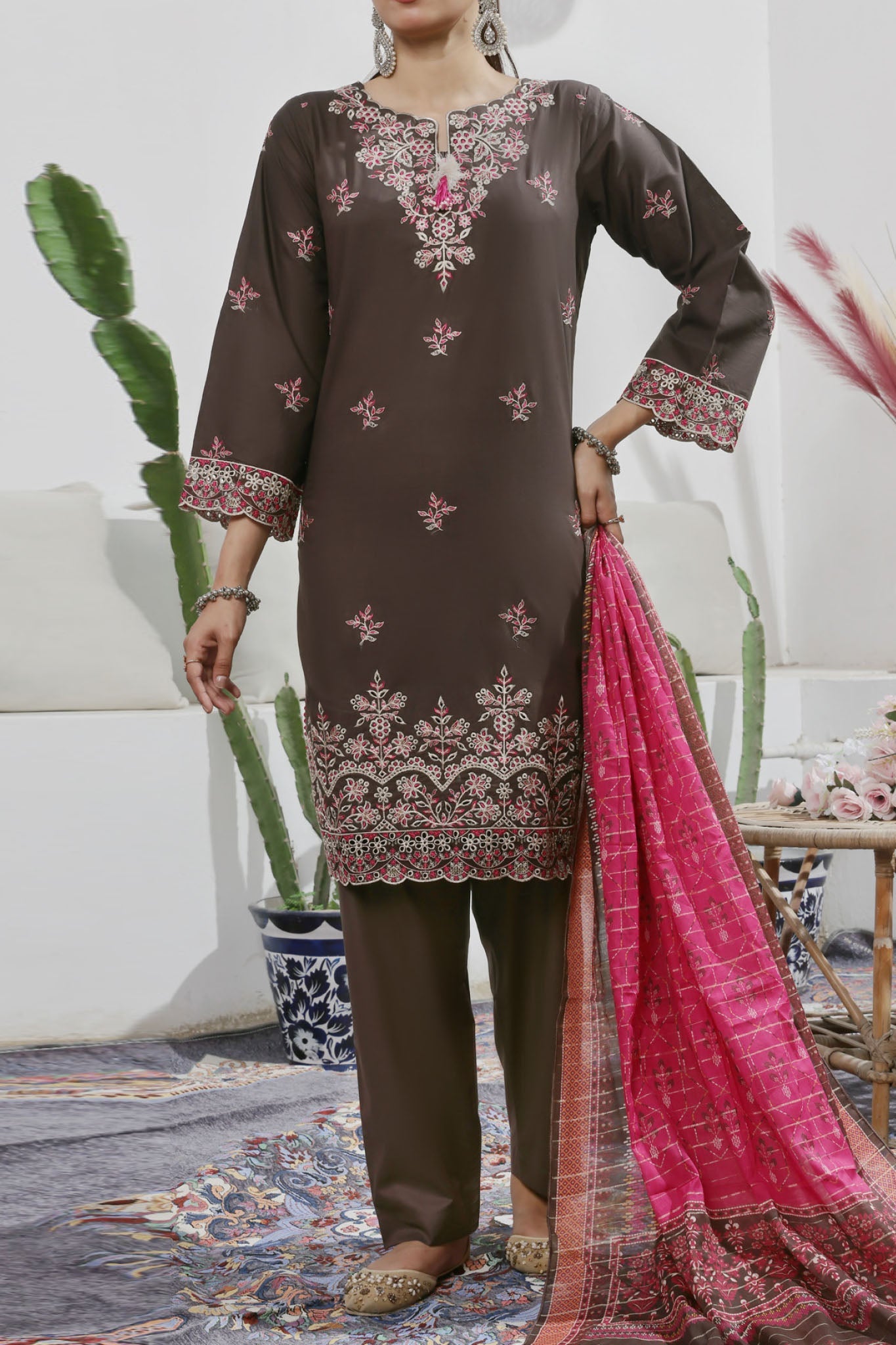 Aizal Stitched 3 Piece Embroidered Fancy Collection'2025-AE-107-Brown