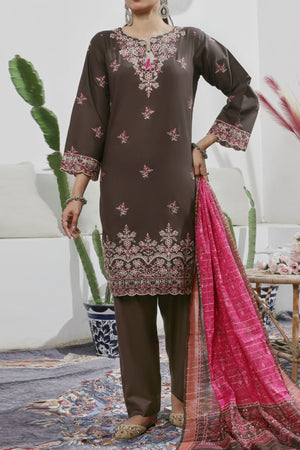 Aizal Stitched 3 Piece Embroidered Fancy Collection'2025-AE-107-Brown