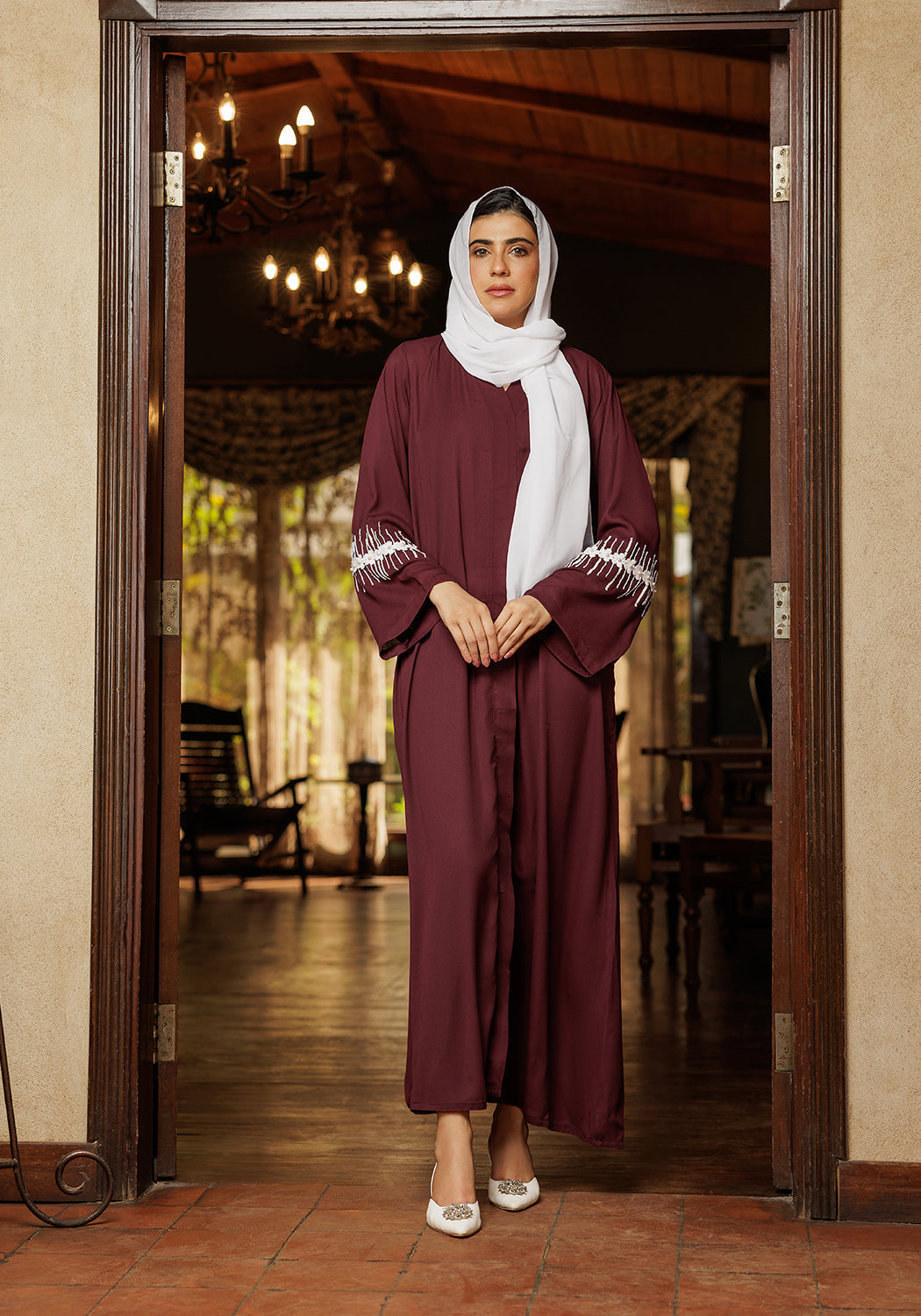Hijabi.Pk Maroon Abaya Handwork on Sleeves | Serene Threads