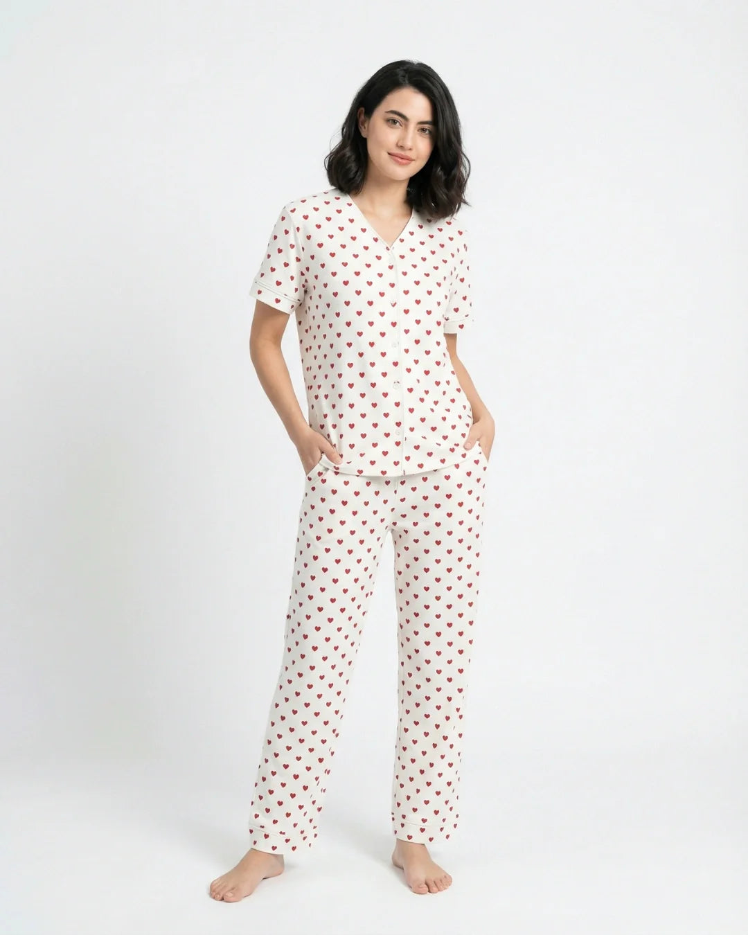 Cotton PJ Set - Heart Bliss - White