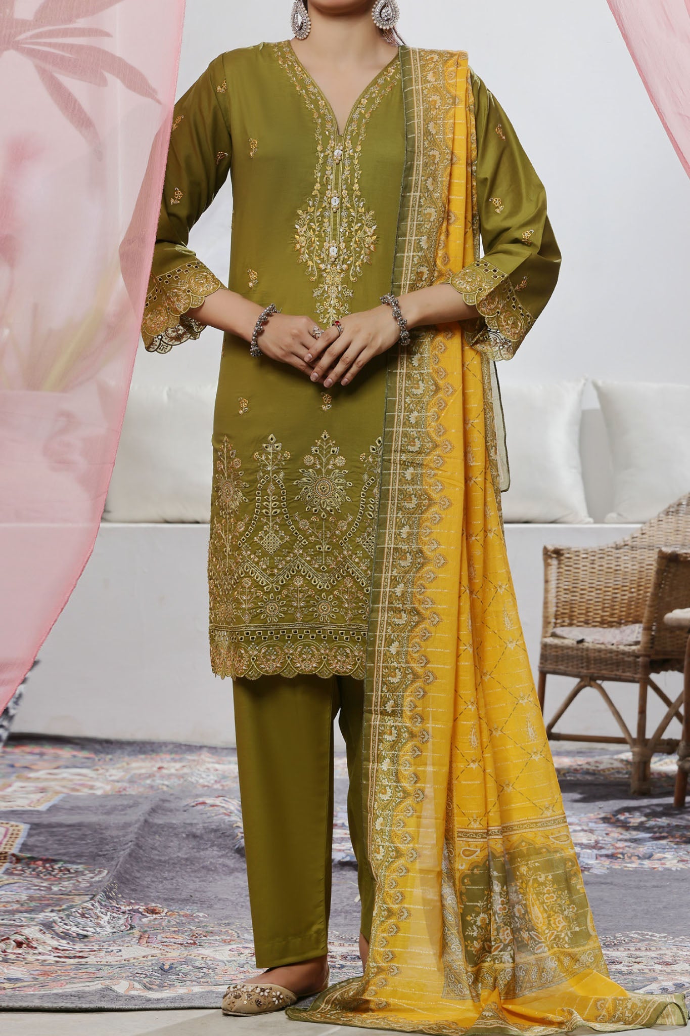 Aizal Stitched 3 Piece Embroidered Fancy Collection'2025-AE-110-Green