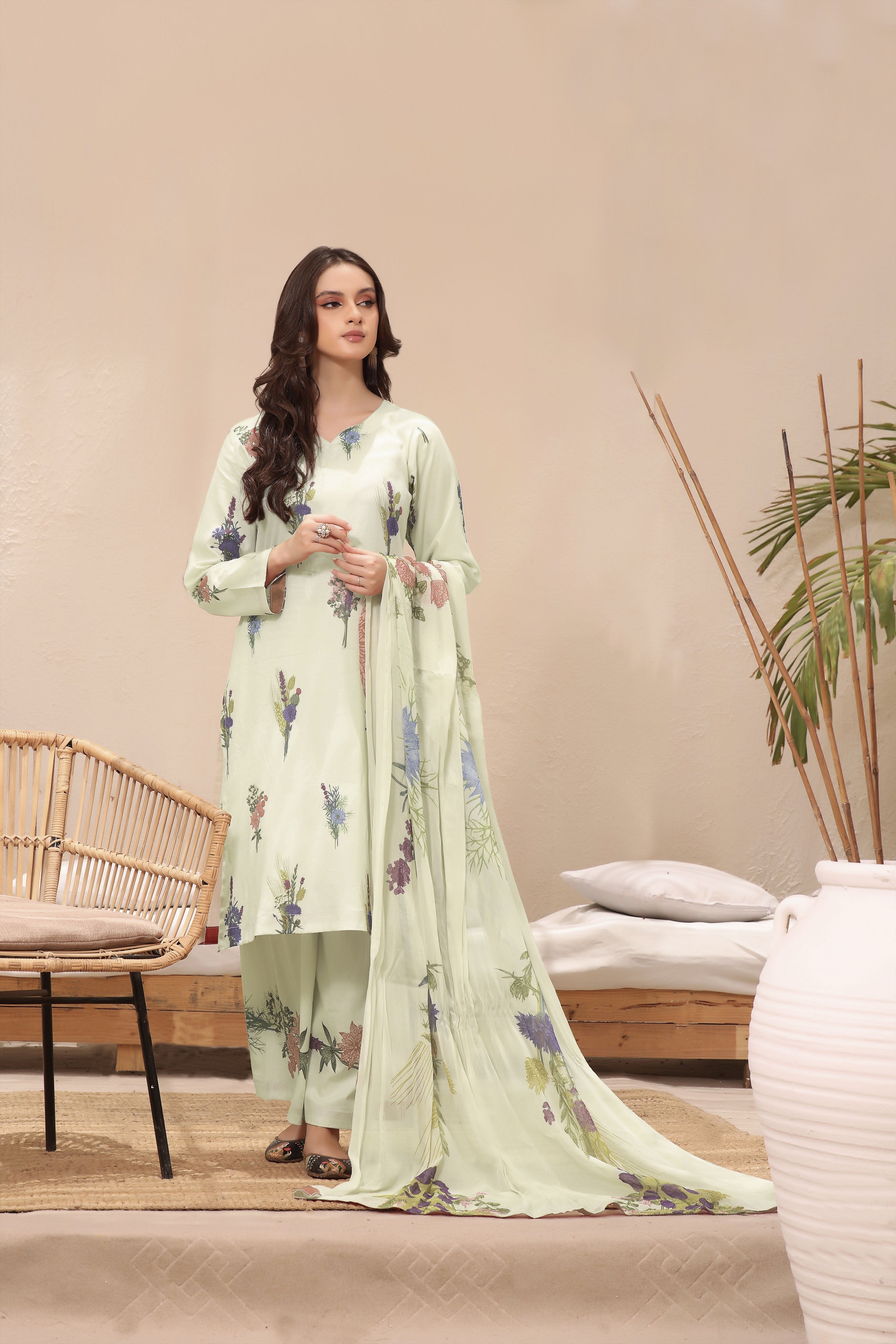 Feathers Unstitched 3 Piece Digital Printed Lawn Summer Suit-WHITE BOUQUET-FT242