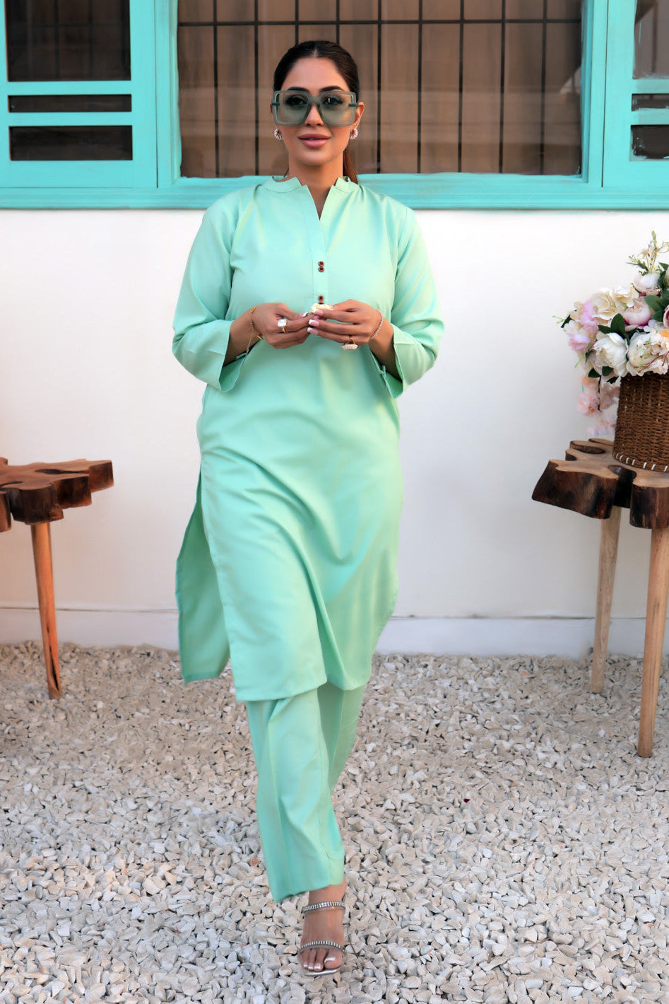 Tng By Md Solid Co Ords Collection-Haniya  (Aqua Marine/Collar)