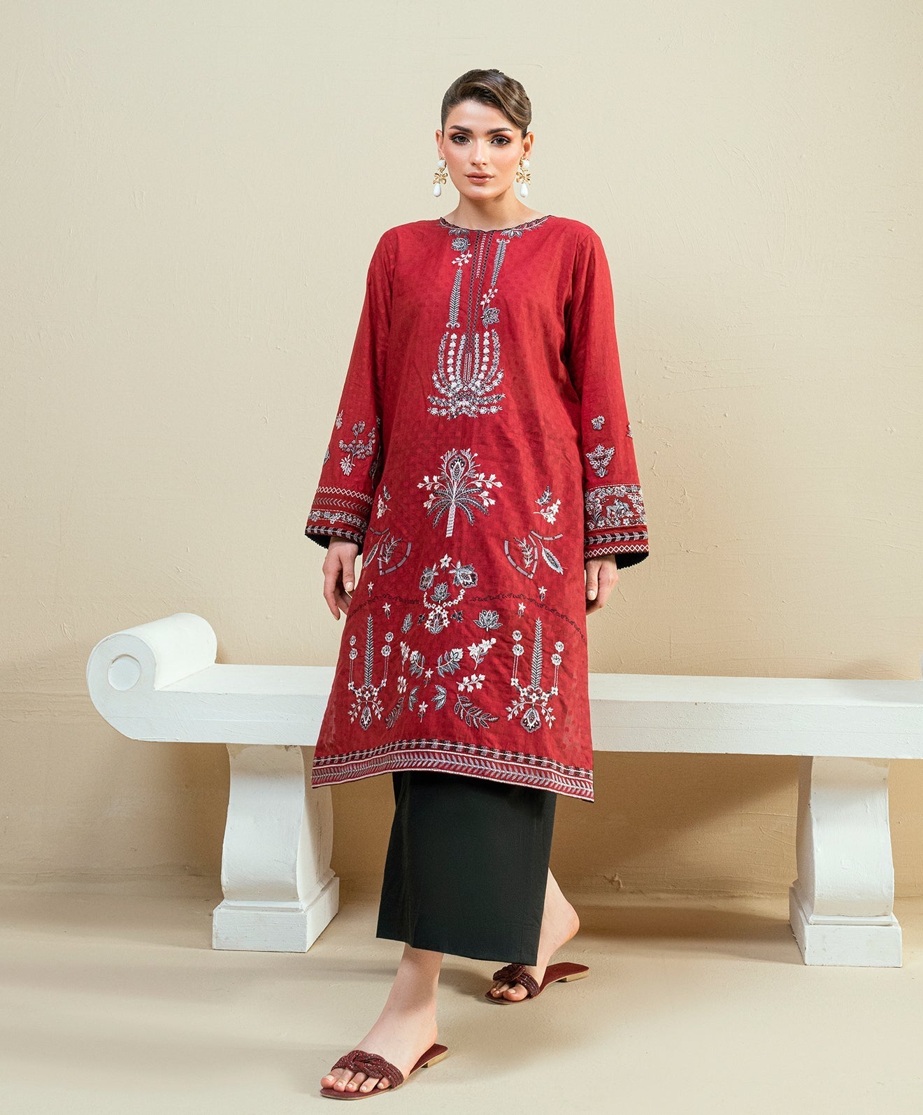 The Thread Line By Kaanthaa Stitched 2 Piece Summer Suit-KEP-04 RED-COTTON BROCHE STITCHED 2PC