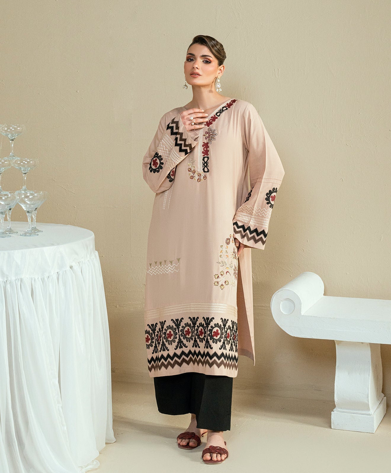 The Thread Line By Kaanthaa Stitched 2 Piece Summer Suit-KEP-01 BEIGE-CROSSHATCH COTTON VISCOSE STITCHED 2PC