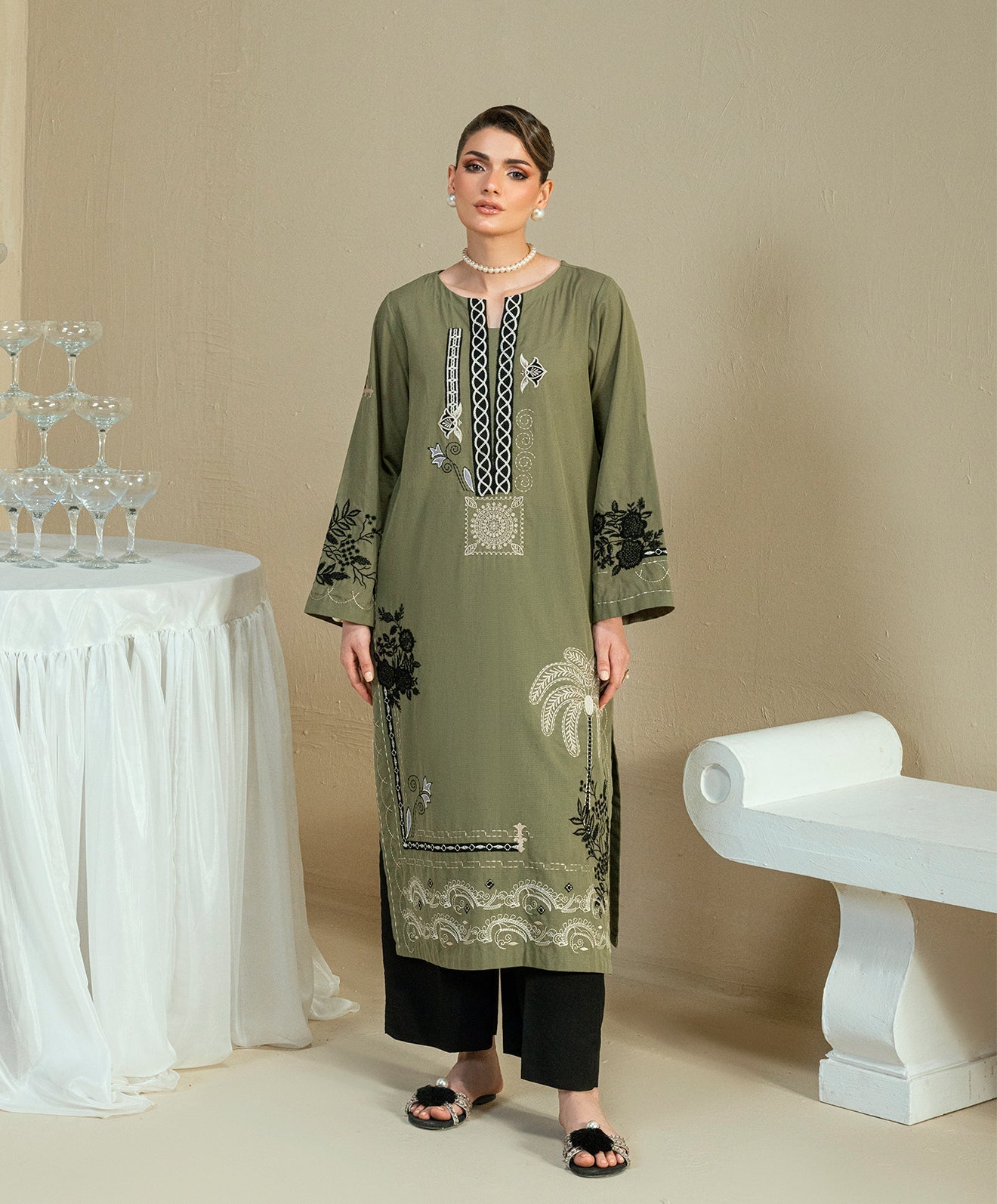 The Thread Line By Kaanthaa Stitched 2 Piece Summer Suit-KEP-03 OLIVE-COTTON DOBBY STITCHED 2PC
