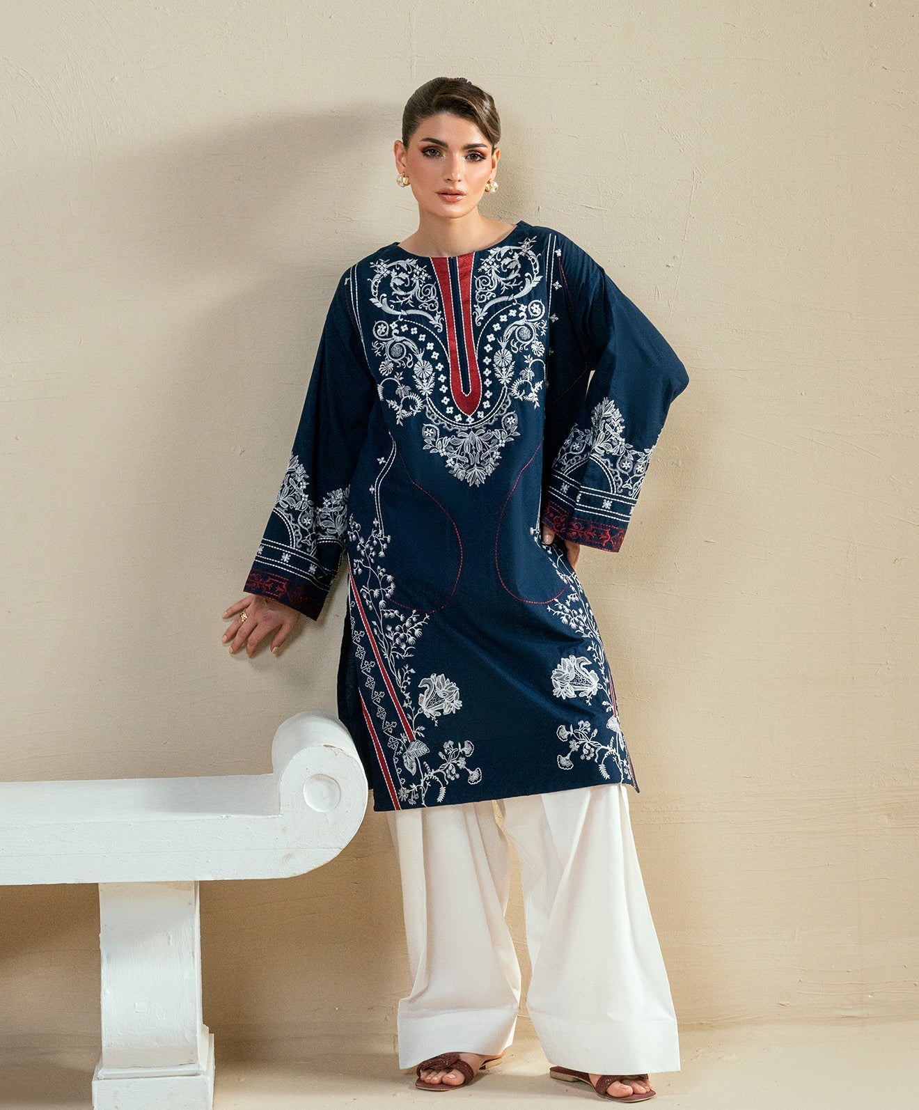 The Thread Line By Kaanthaa Stitched 2 Piece Summer Suit-KEP-02 NAVY-CAMBRIC STITCHED 2PC