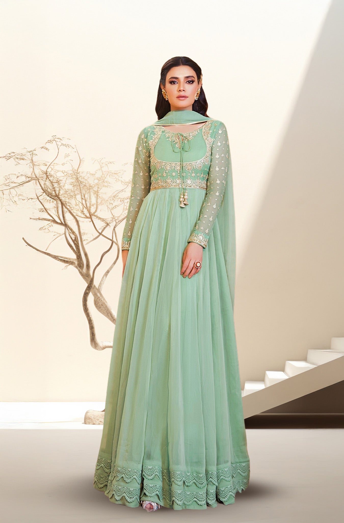 Kalidaar Frocks By Asma & Sidra Stitched Formals Suit-PRINCESS PISTACHIO