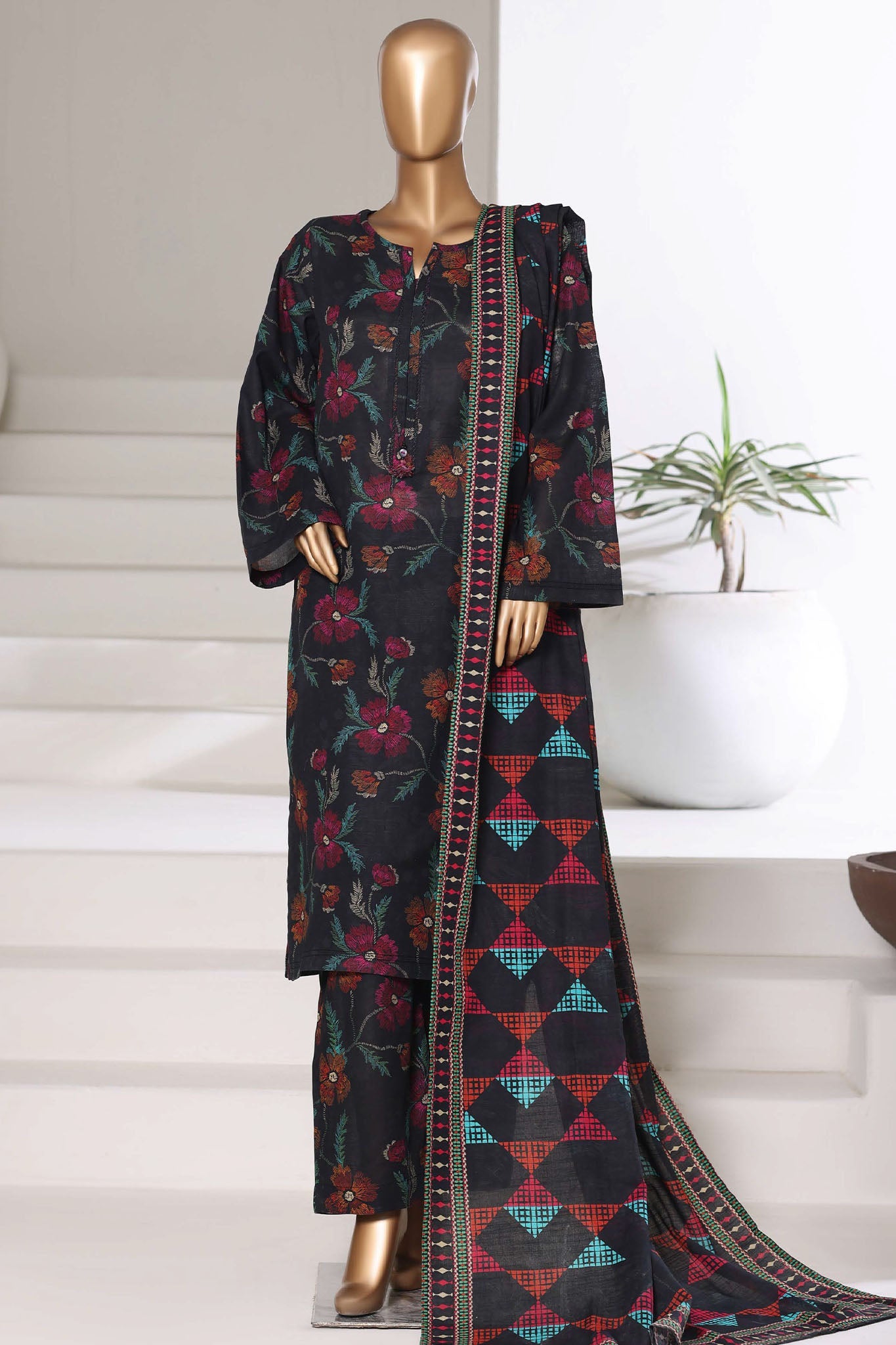 Sada Bahar Stitched 3 Piece Printed Khaddar Vol-03 Suit-PR-16772-Black