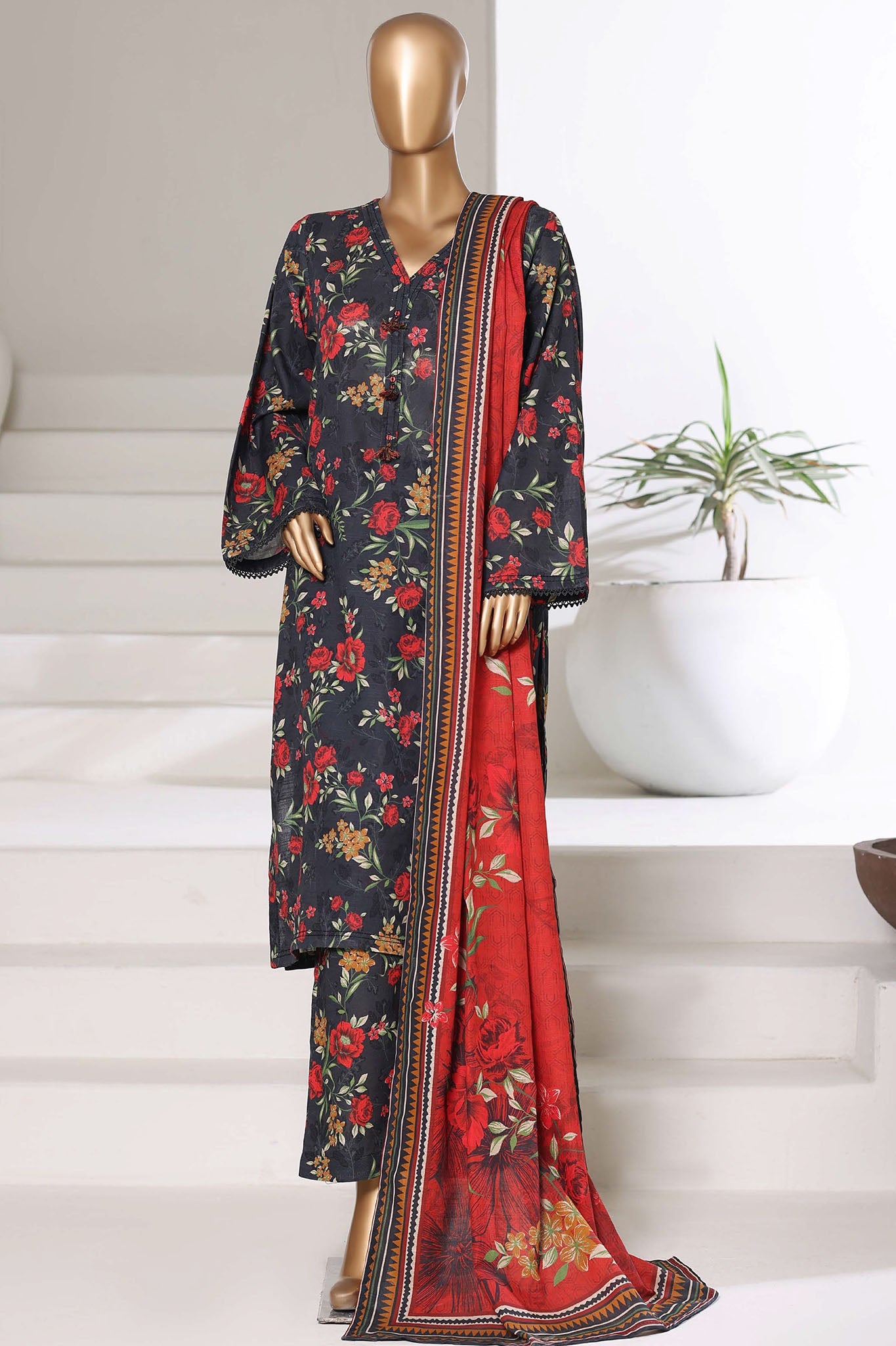 Sada Bahar Stitched 3 Piece Printed Khaddar Vol-03 Suit-PR-16775-Black