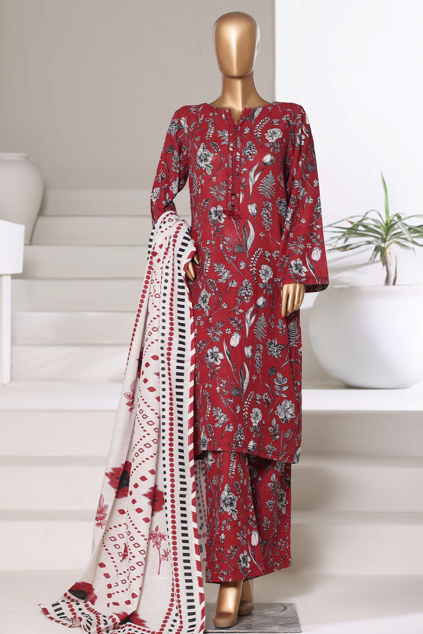 Sada Bahar Stitched 3 Piece Printed Khaddar Vol-03 Suit-PR-16778-Maroon