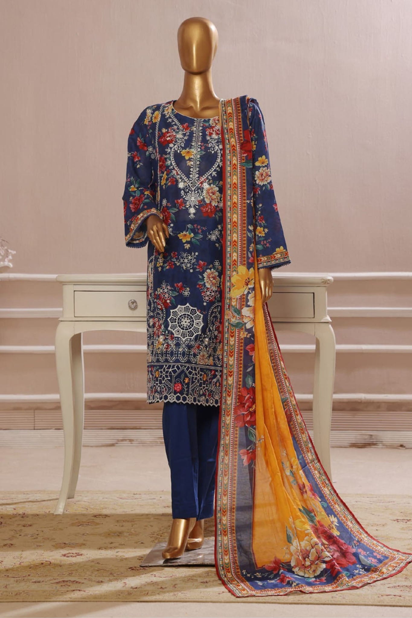 Bin Saeed Stitched 3 Piece Exclusive Emb Lawn Vol-05 Collection-SM-1942-Blue