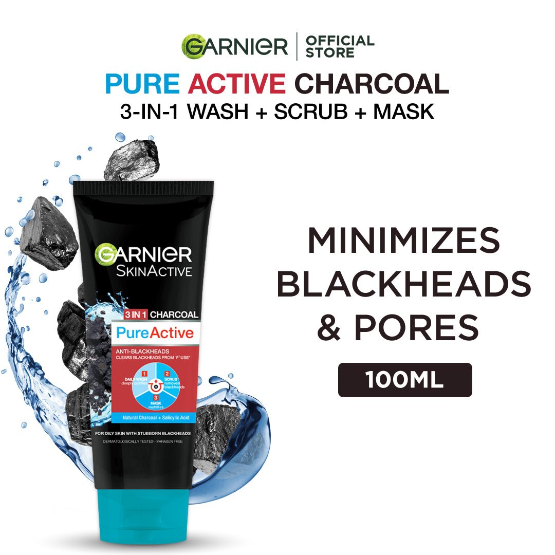 Garnier 3 In1 Pure Active Charcoal Face Wash Mask Scrub 100 Ml