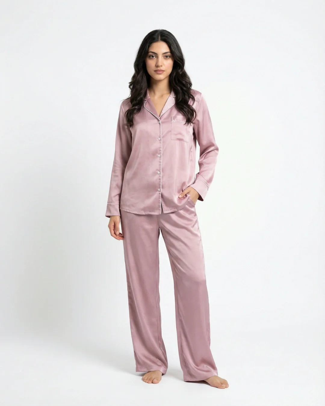 Satin Silk Pajama Suit - Noir - Pink