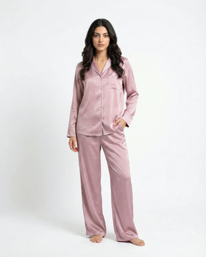 Satin Silk Pajama Suit - Noir - Pink
