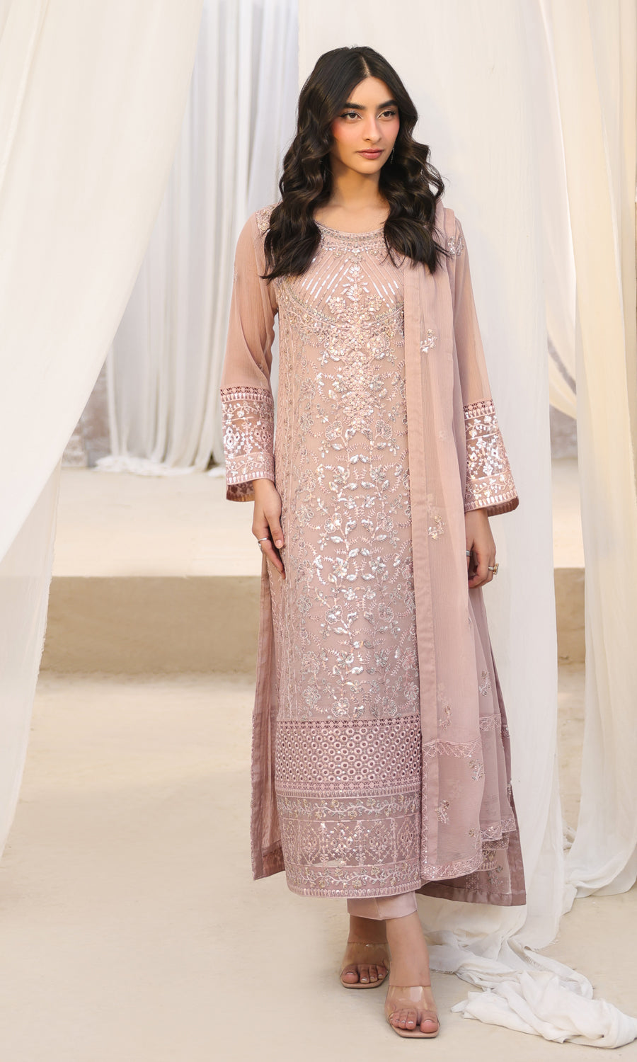 Lamhay By Shamooz Unstitched 3 Piece Luxury Chiffon Formals Suit-Tea Rose SU-158