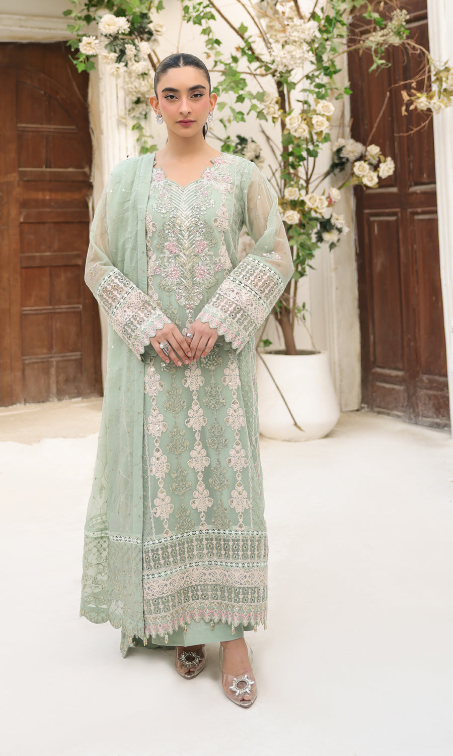 Lamhay By Shamooz Unstitched 3 Piece Luxury Chiffon Formals Suit-Lime Green SU-157