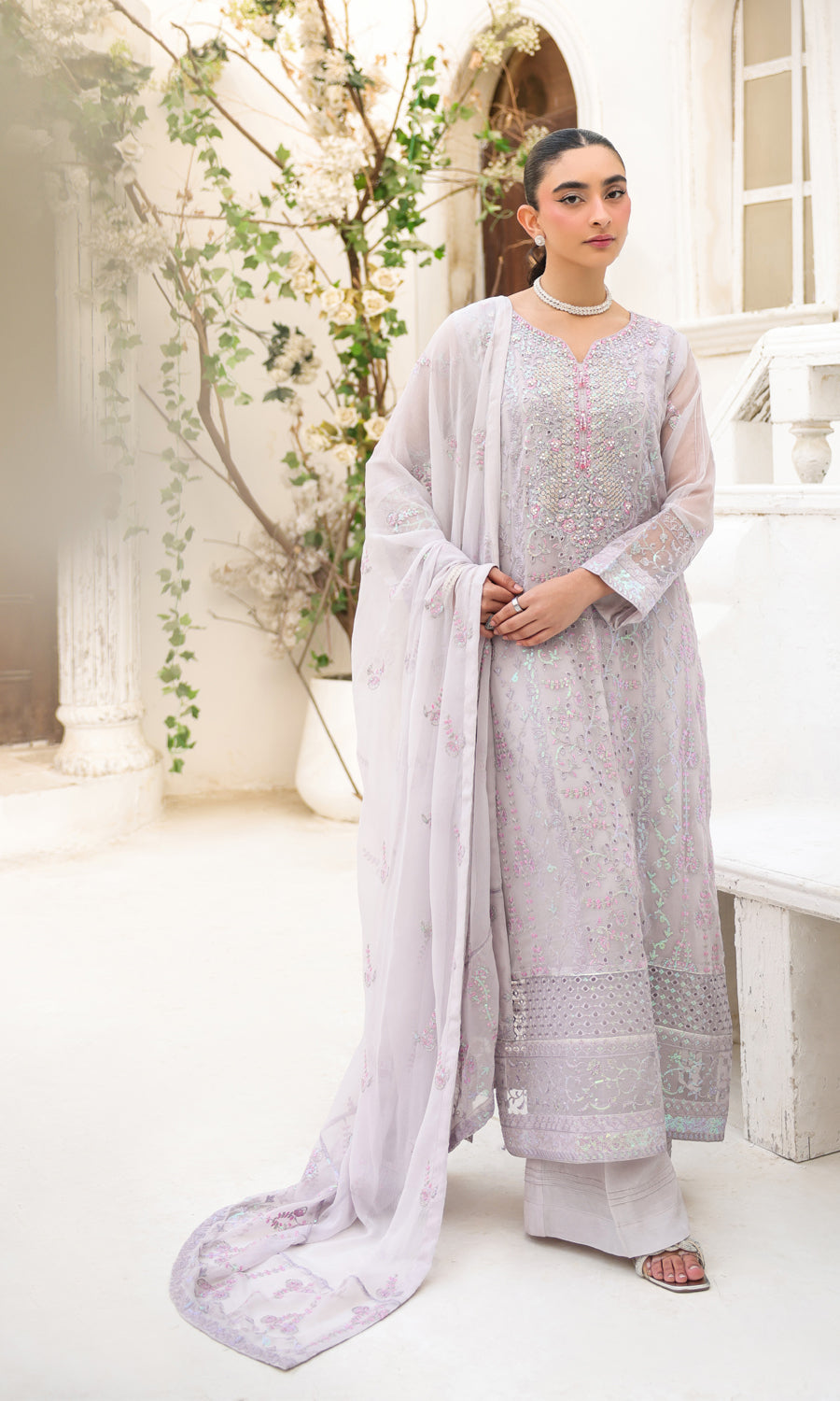 Lamhay By Shamooz Unstitched 3 Piece Luxury Chiffon Formals Suit-Lilac Ash SU-156
