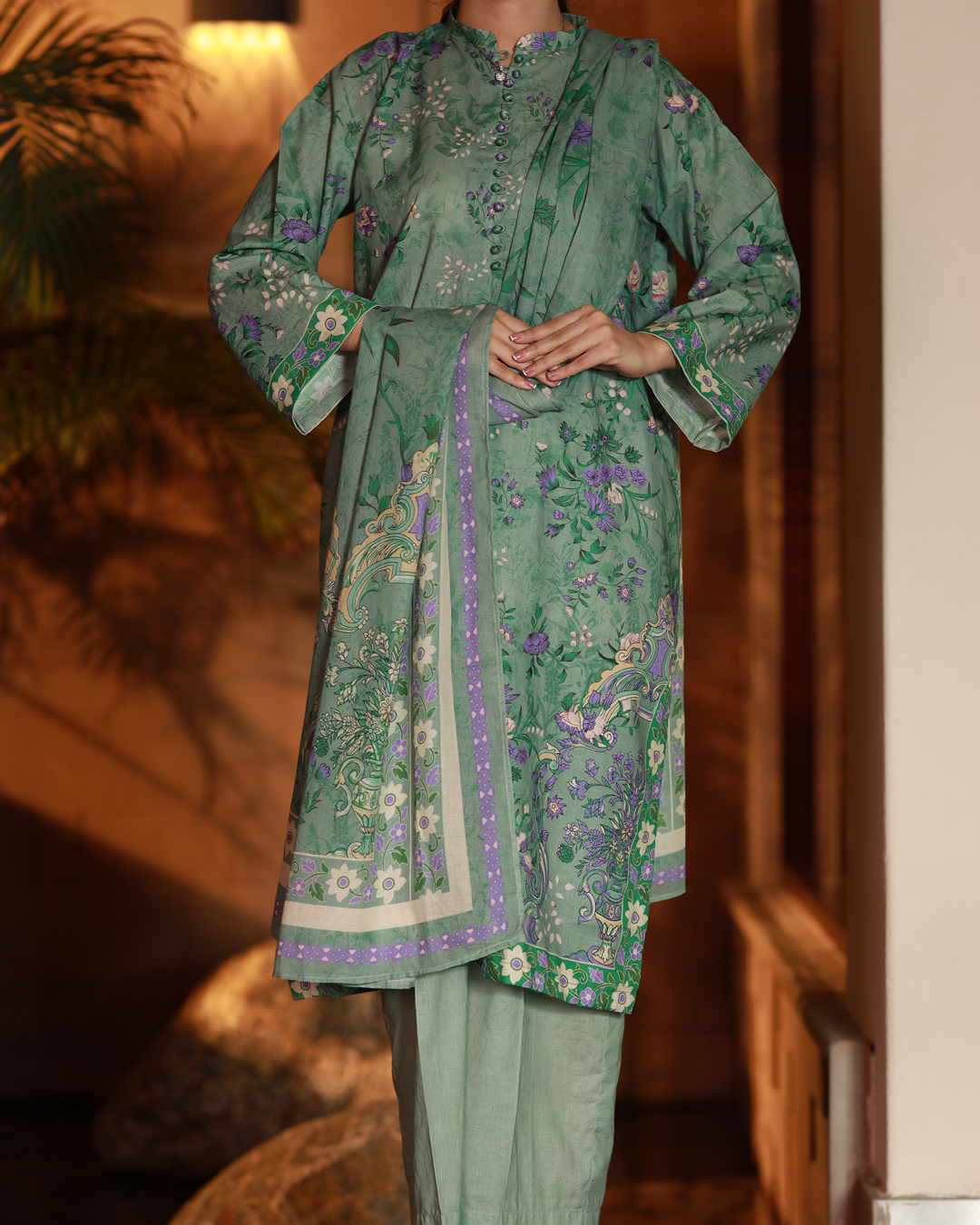 Chameli Studio-Sage Bloom Lawn Digital Print 3 Piece Unstitched Suit-WRTS-0014