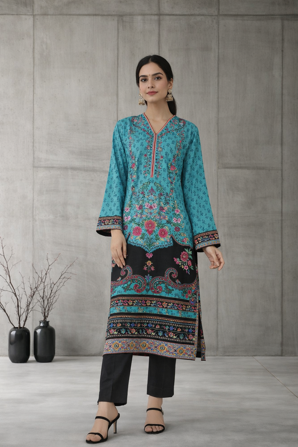 Serena by Madiha Gohar Stitched Summer Suit-Turquoise Blossom - Shirt