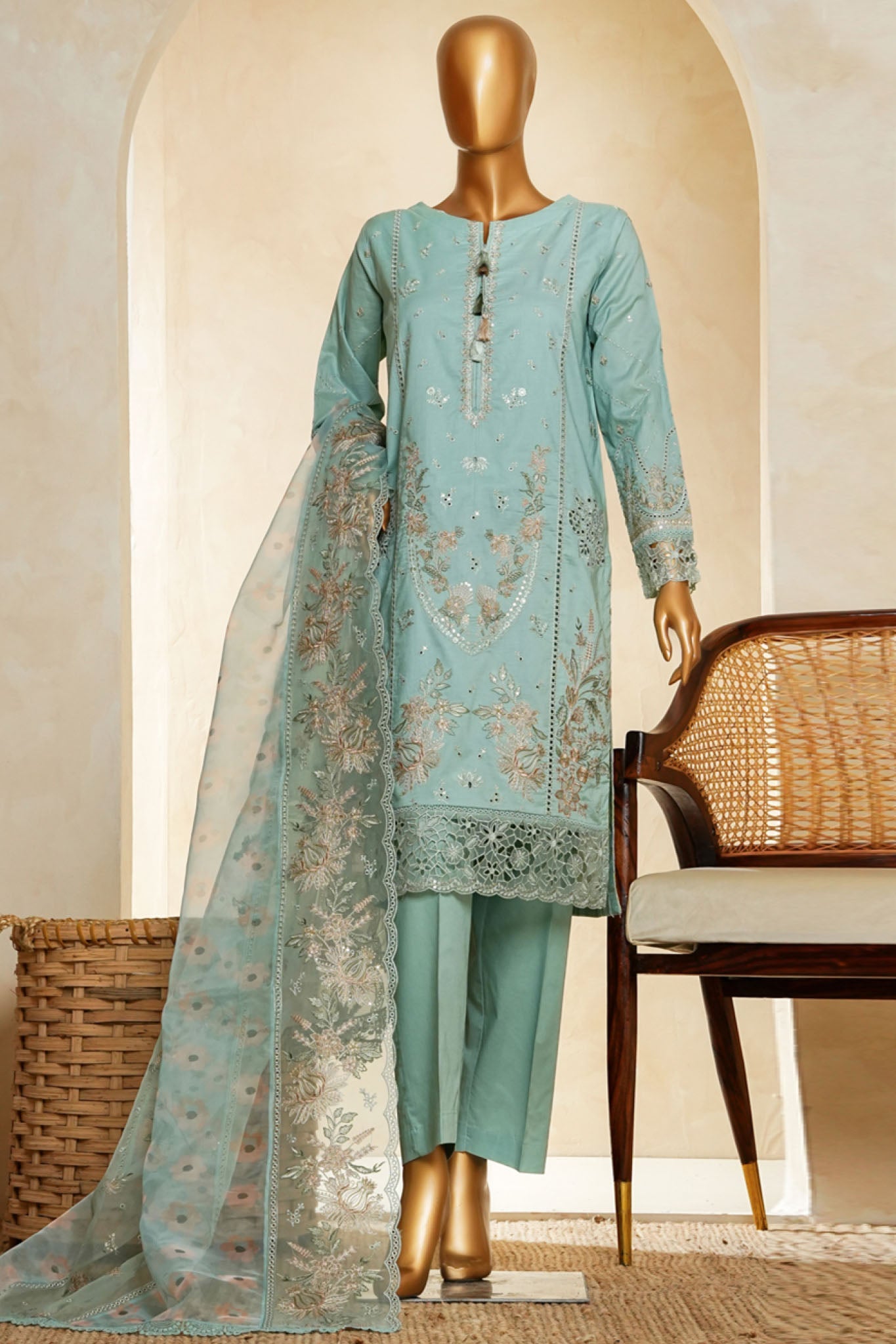 Muse By HZ Stitched 3 Piece Emb Cotton Slub Vol-03 Collection'2025-SSE-203-Aqua