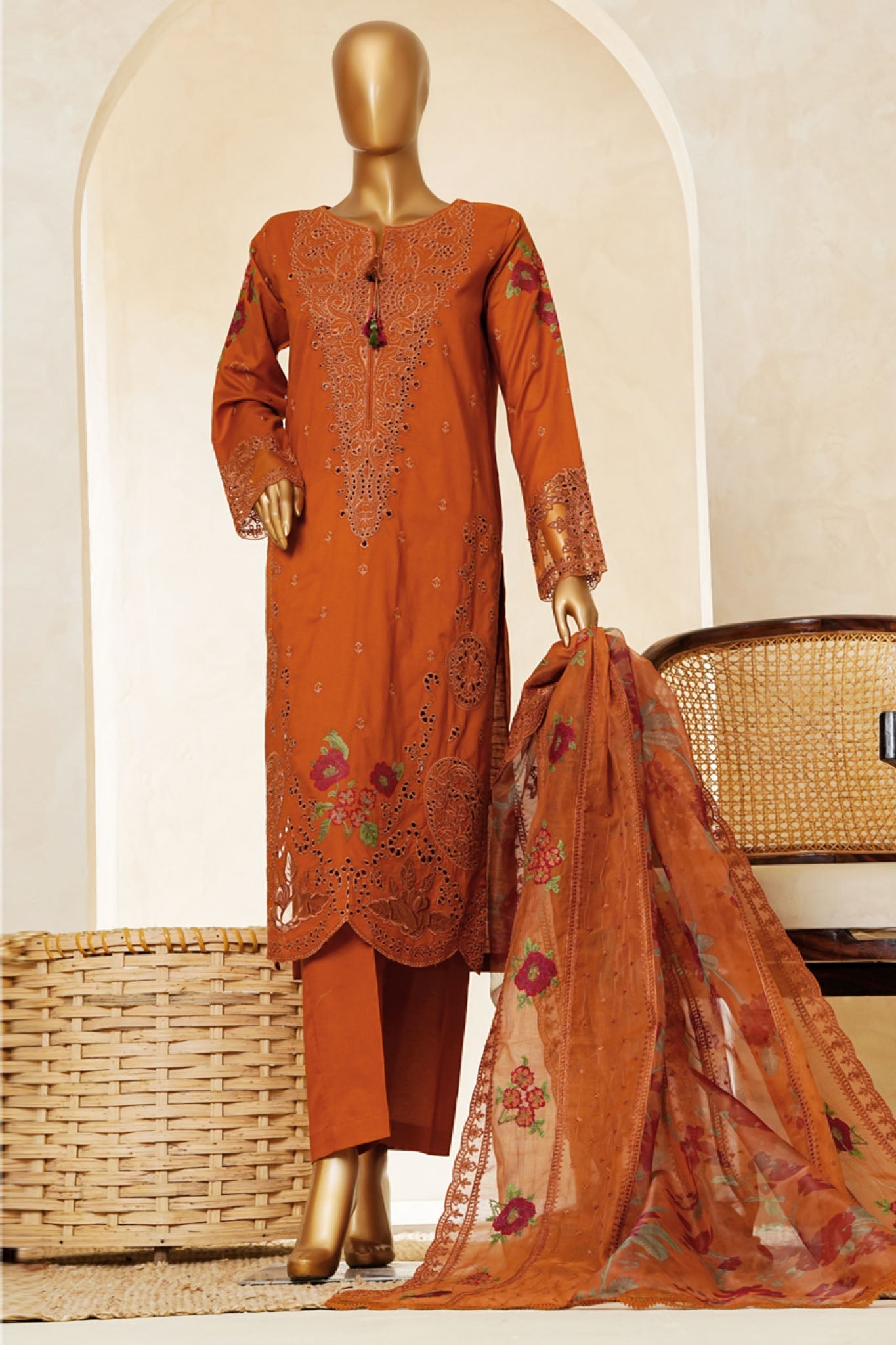 Muse By HZ Stitched 3 Piece Emb Cotton Slub Vol-03 Collection'2025-SSE-204-Rust