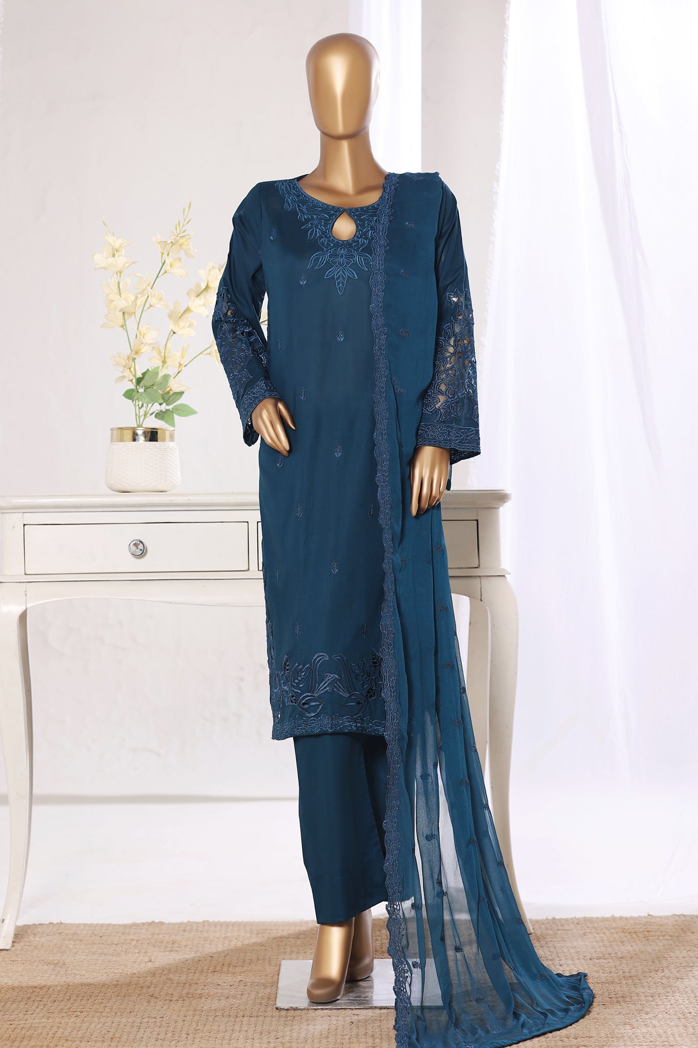 Khombi Stitched 3 Piece Casual Pret Cotton Suit-Fusion-205T.Blue