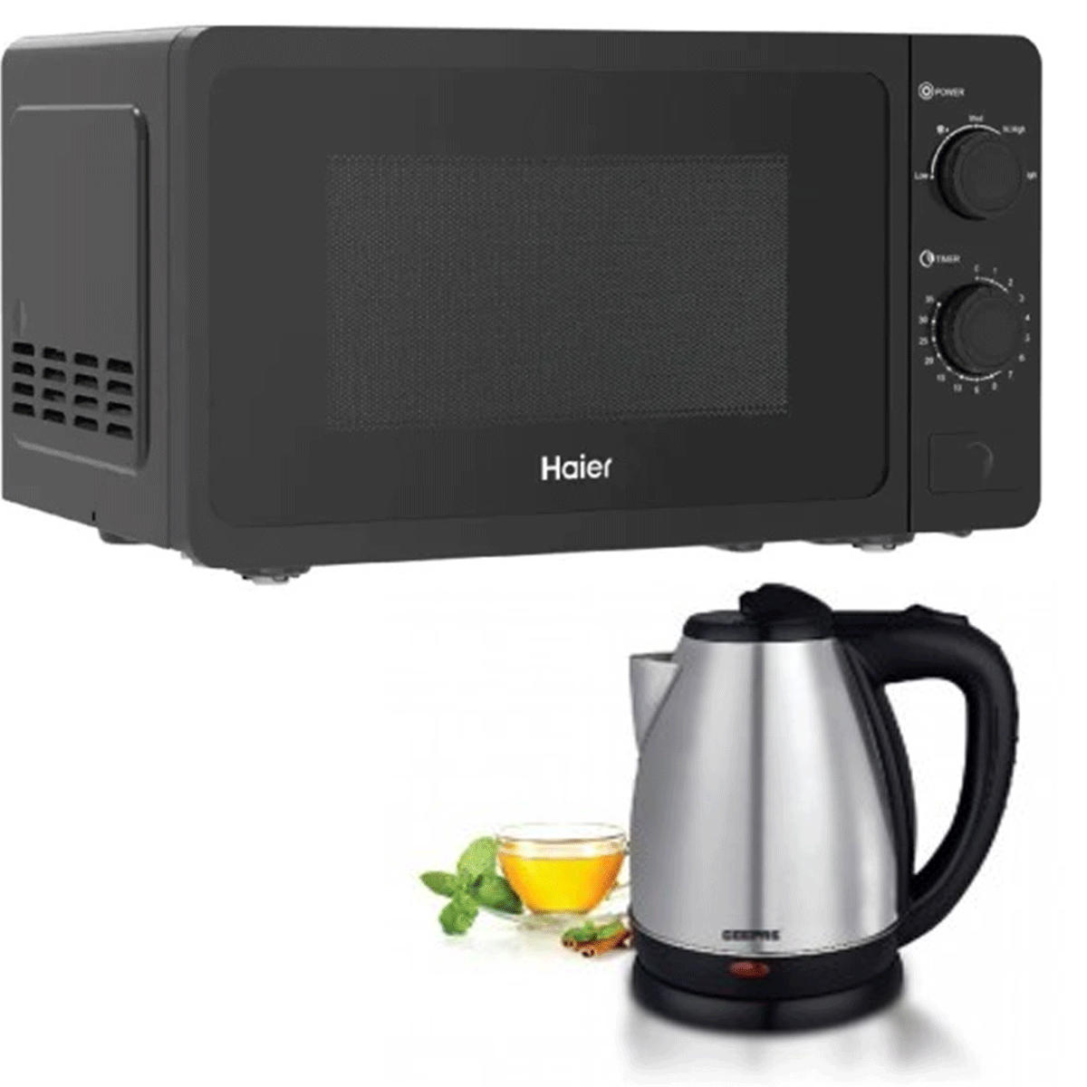 Haier HMW-20MBS Solo Microwave Oven 20 Ltr Speed Defrost 5 Power Levels + Premium Electric Kettle - Snapcart.pk
