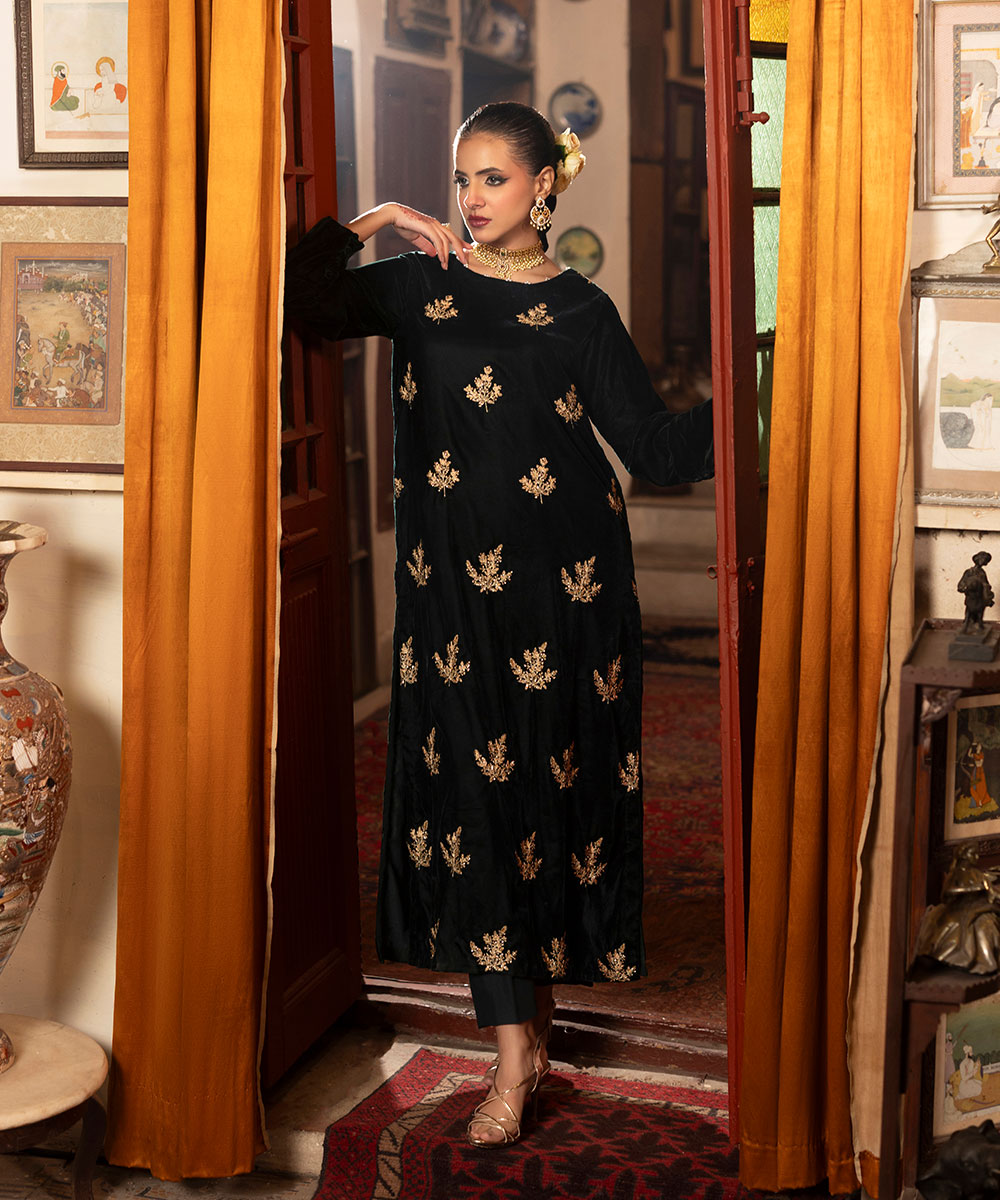 Velvet Saga By Kross Kulture Stitched Embroidered Velvet Shirt Suit-0001864-SML-BGR