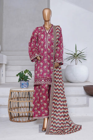 Bin Saeed Stitched 3 Piece Exclusive Emb Chikankari Cotton Collection'2025-WC-2409-Mehroon