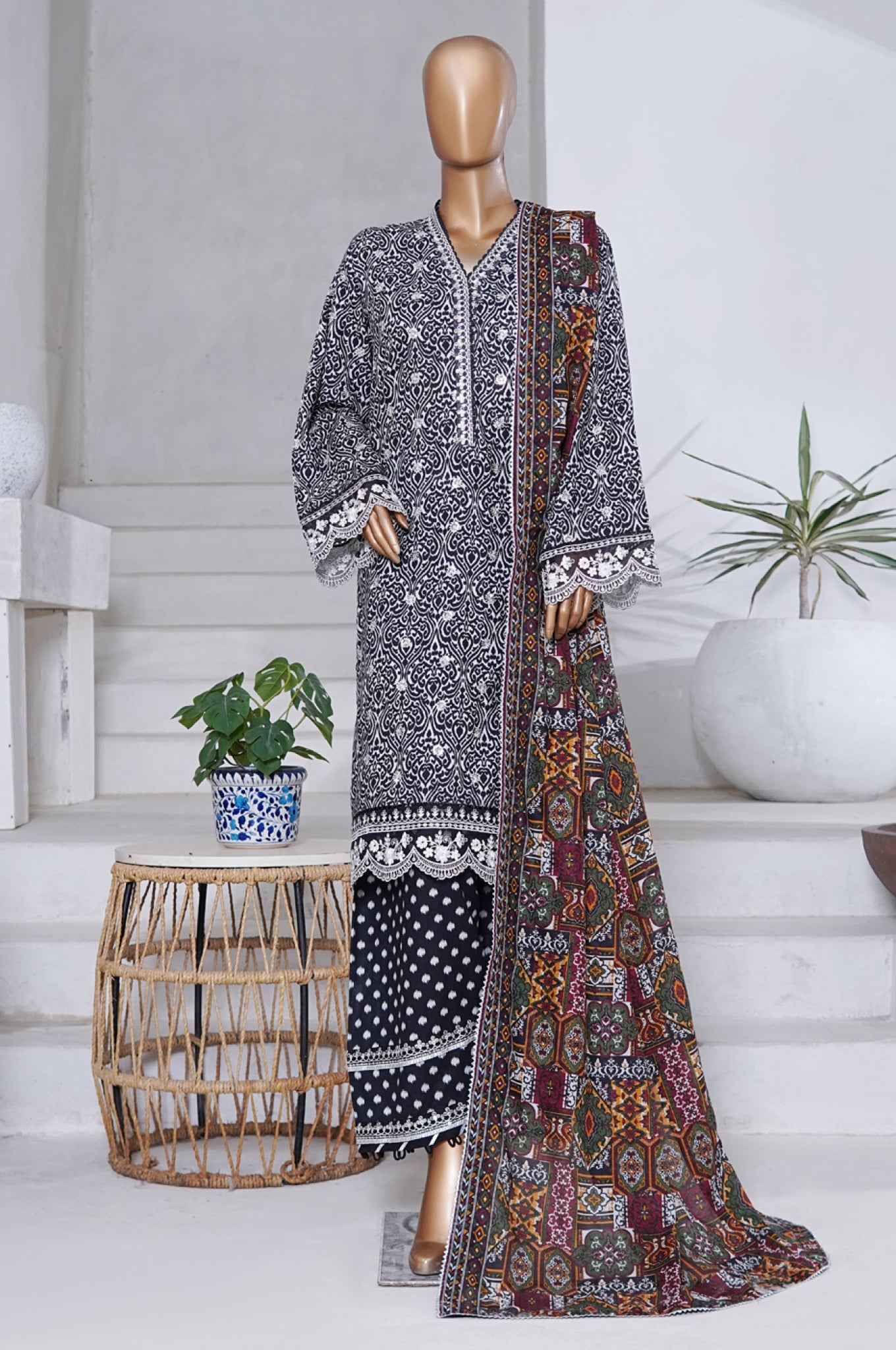 Bin Saeed Stitched 3 Piece Exclusive Emb Chikankari Cotton Collection'2025-WC-2410-Black